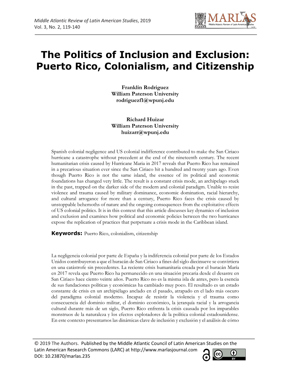 The Politics of Inclusion and Exclusion: Puerto Rico, Colonialism, and Citizenship