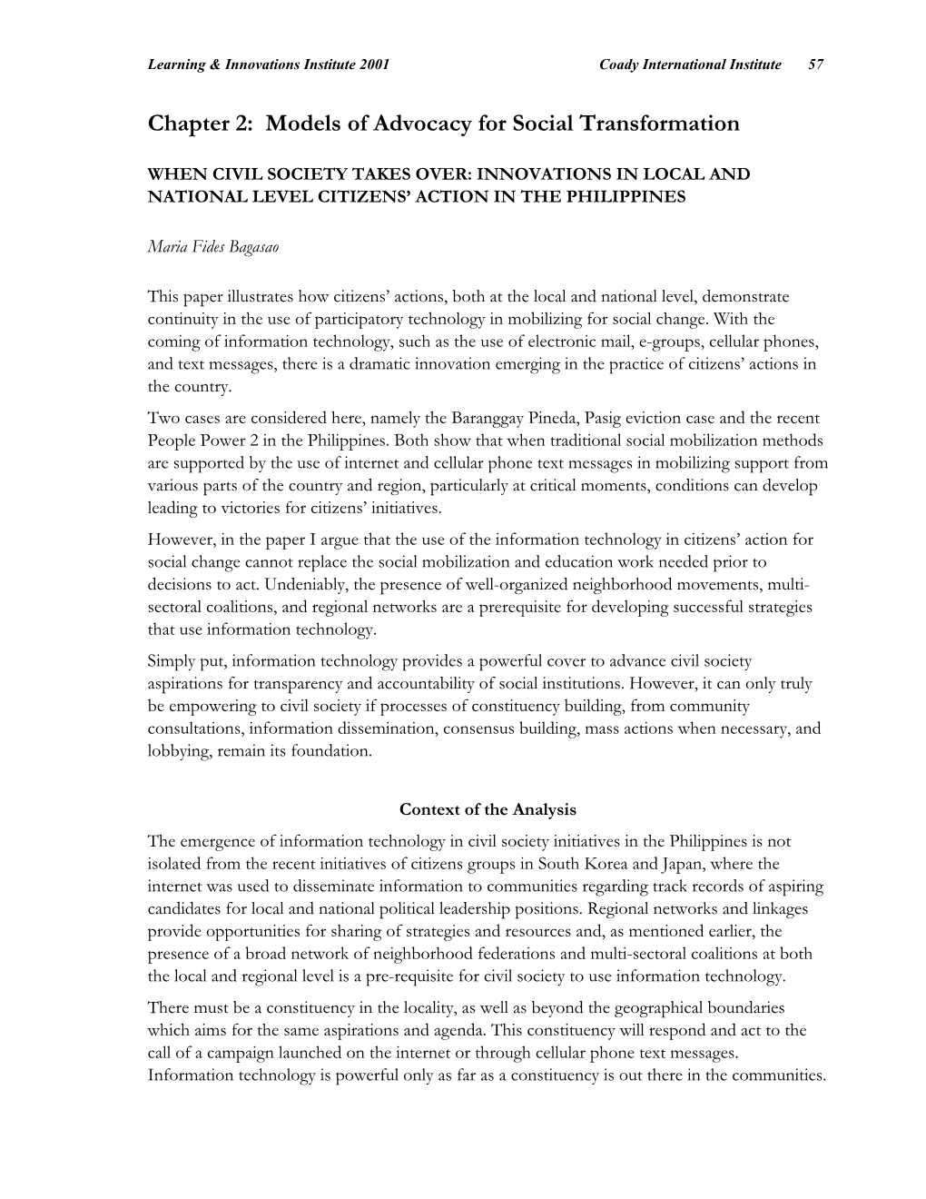 When Civil Society Takes Over: Innovations in Local and National Level Citizens’ Action in the Philippines