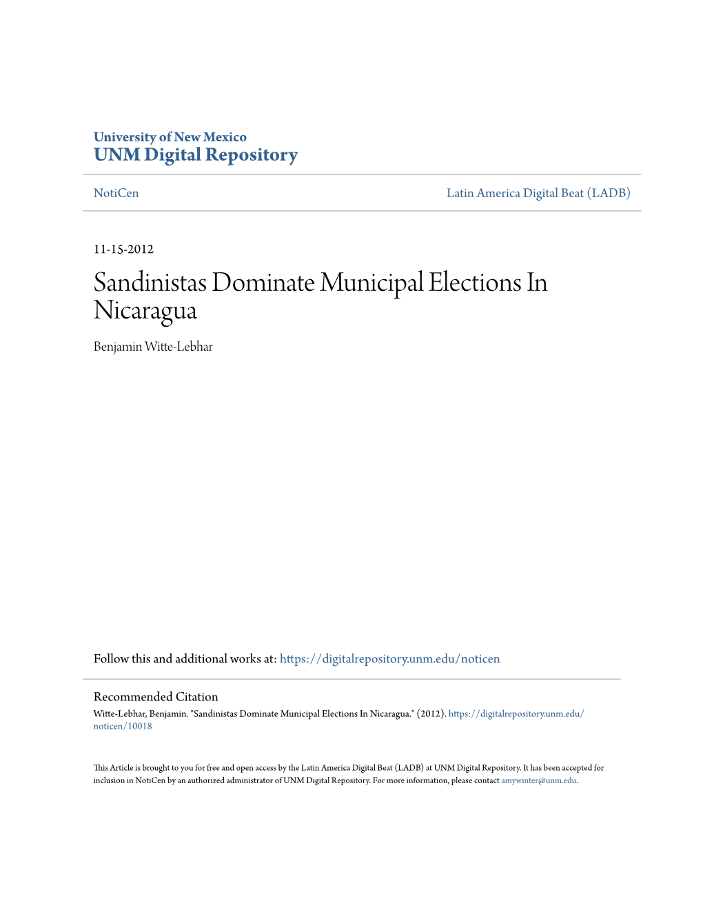 Sandinistas Dominate Municipal Elections in Nicaragua Benjamin Witte-Lebhar