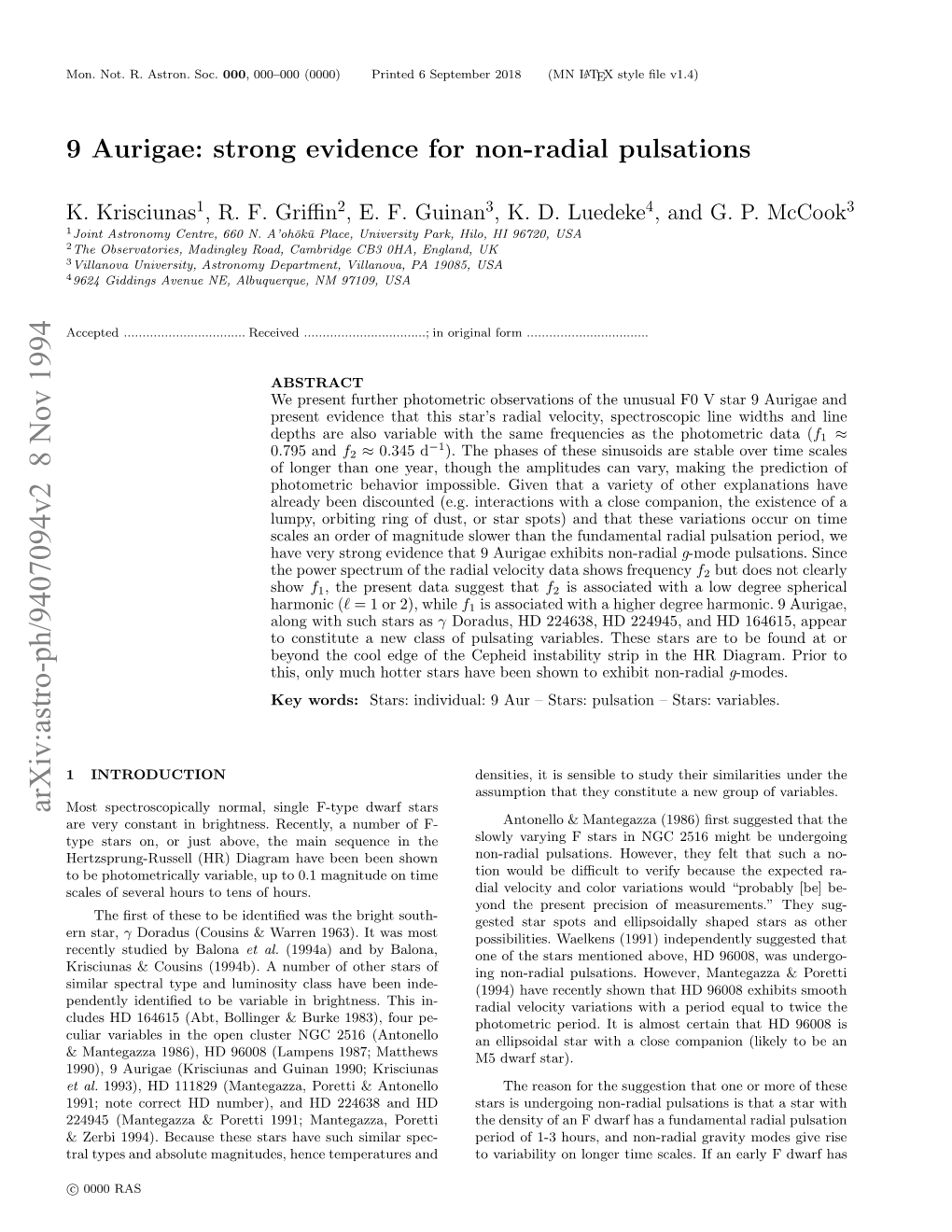 9 Aurigae: Strong Evidence for Non-Radial Pulsations 3