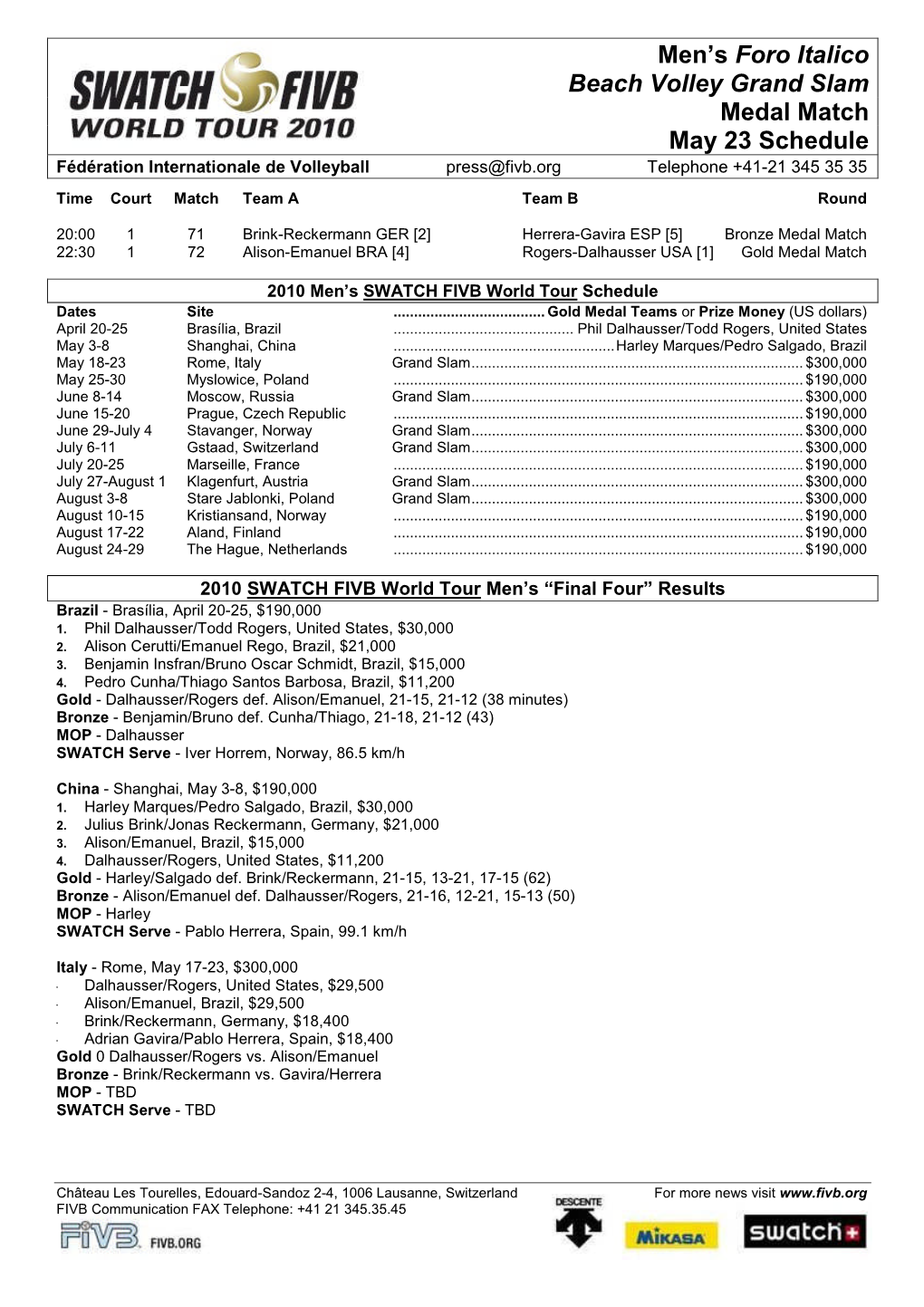 Men's Foro Italico Beach Volley Grand Slam Medal Match May 23 Schedule