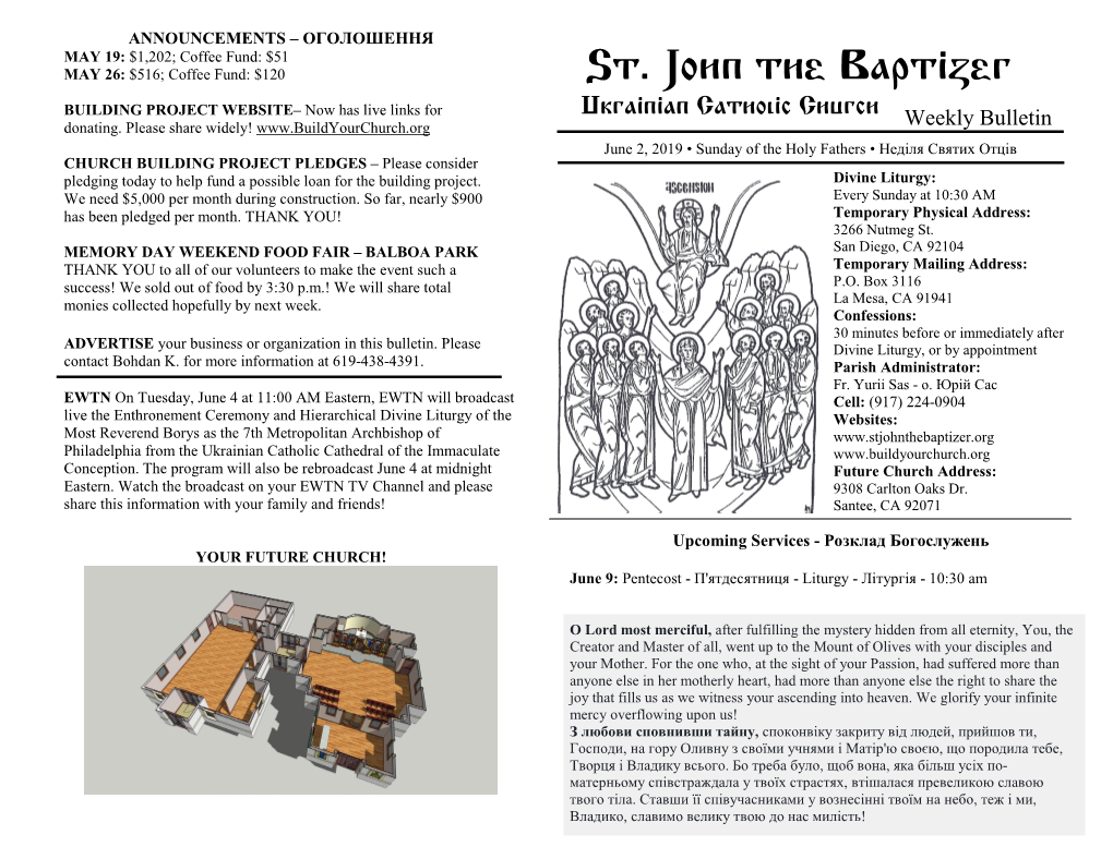 St. John the Baptizer Ukrainian Catholic Church • Parish Bulletin St