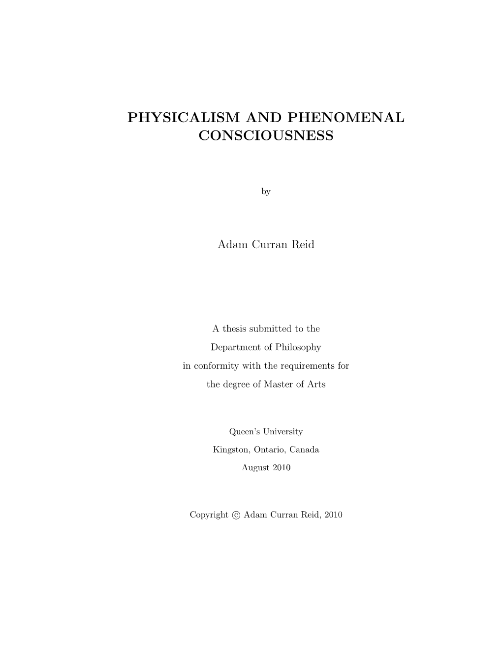 Physicalism and Phenomenal Consciousness