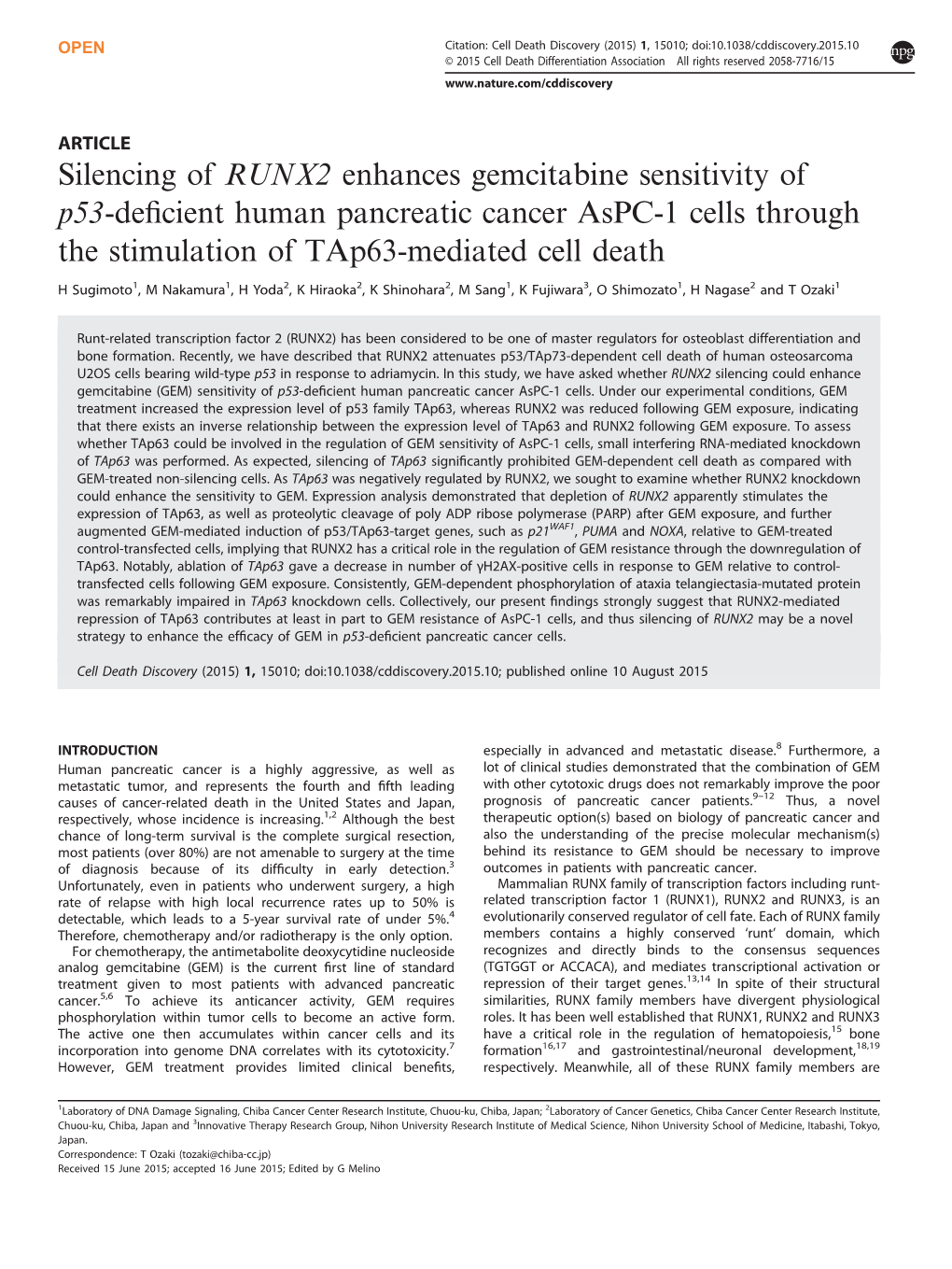 Silencing of RUNX2 Enhances Gemcitabine Sensitivity of P53-Deﬁcient Human Pancreatic Cancer Aspc-1 Cells Through the Stimulation of Tap63-Mediated Cell Death