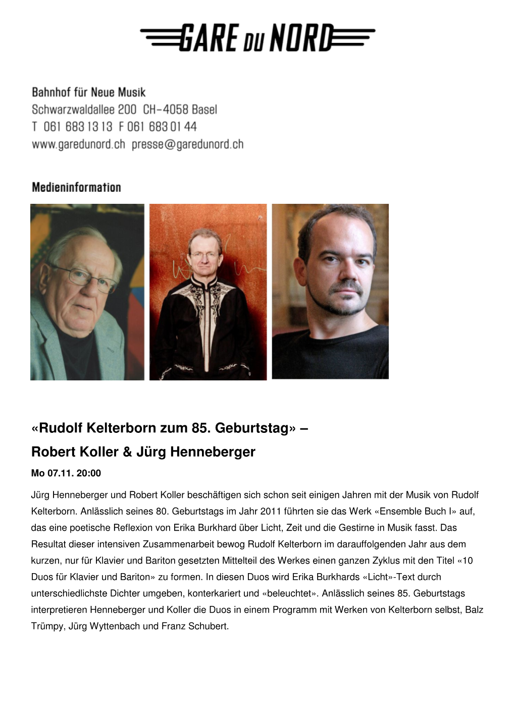 Medieninformation Rudolf Kelterborn 85