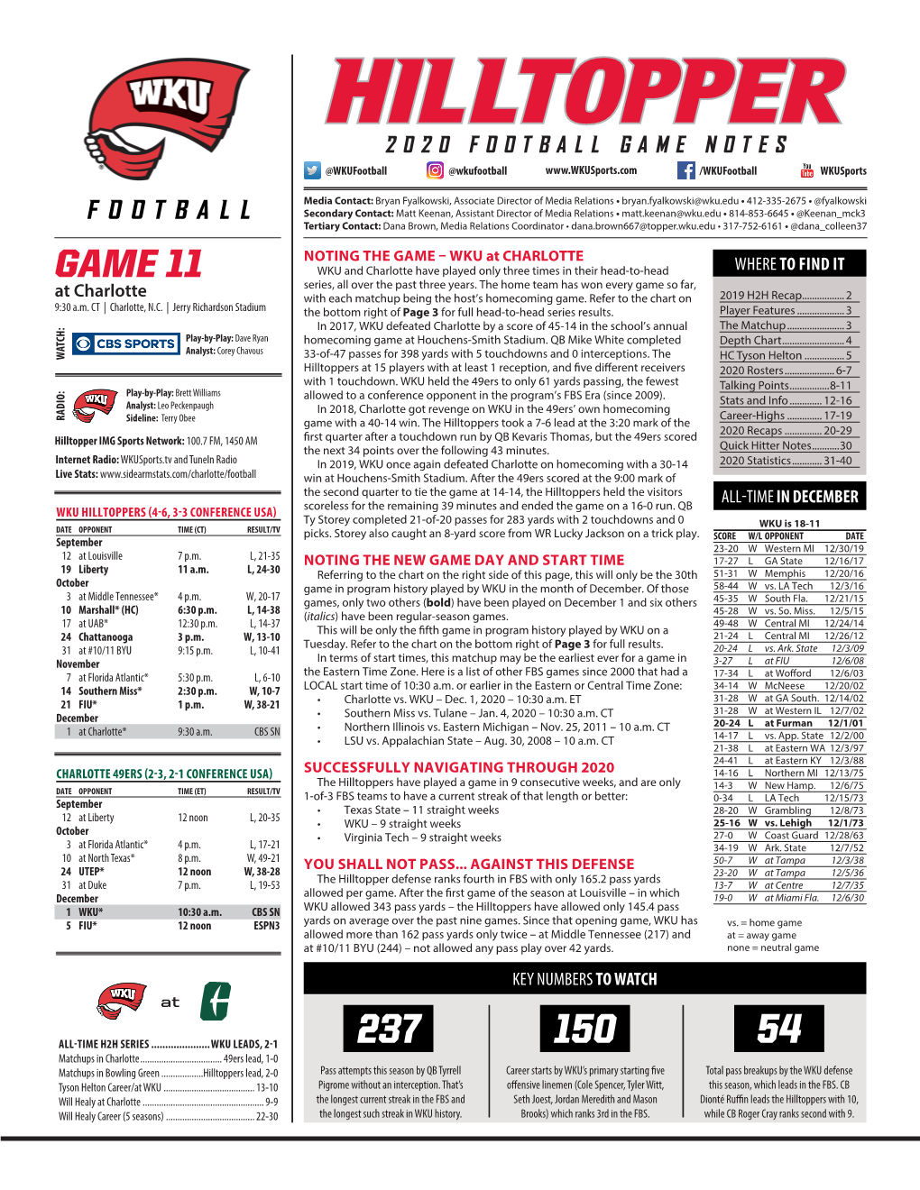 GAME 11 WKU and Charlotte Have Played Only Three Times in Their Head-To-Head Series, All Over the Past Three Years