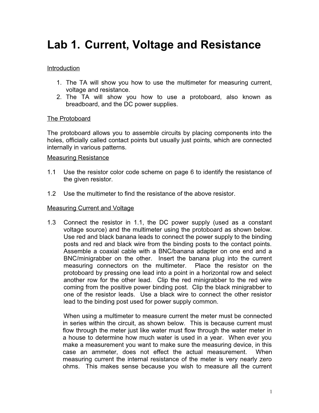 Lab 1. Current, Voltage and Resistance