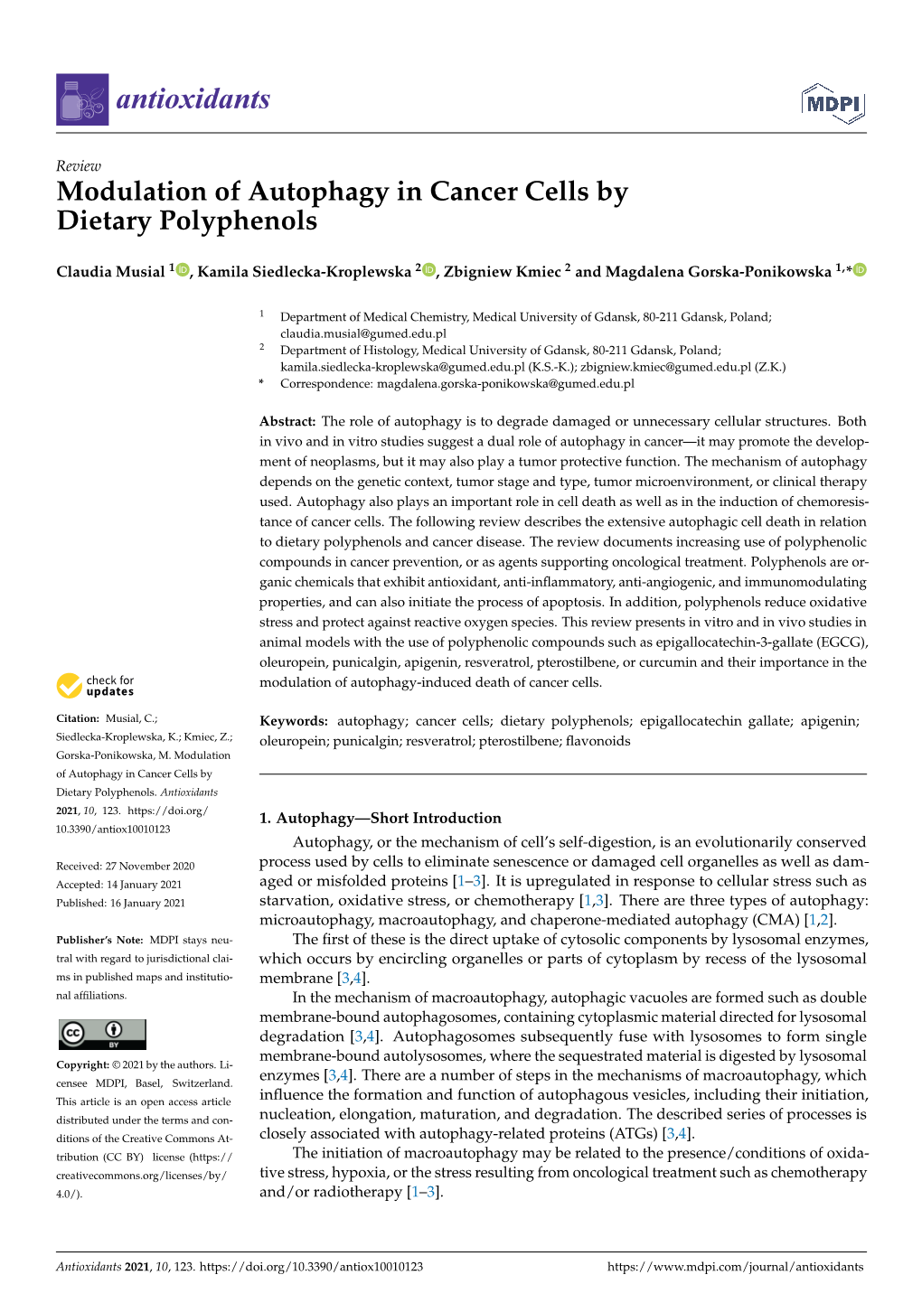 Modulation of Autophagy in Cancer Cells by Dietary Polyphenols