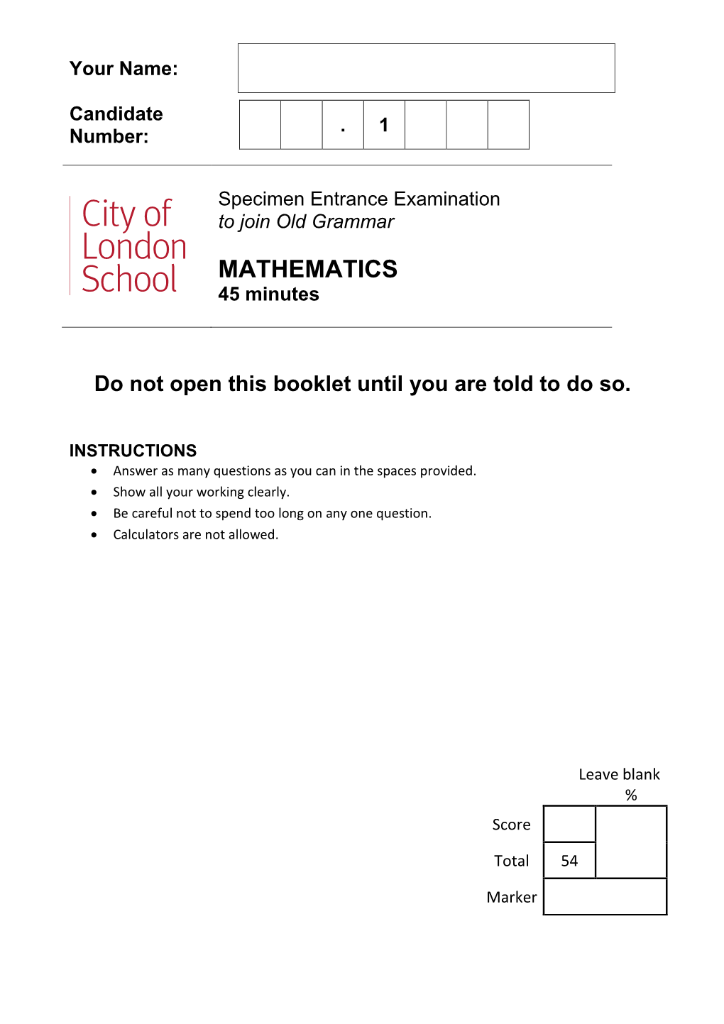 10+ Mathematics Specimen Paper