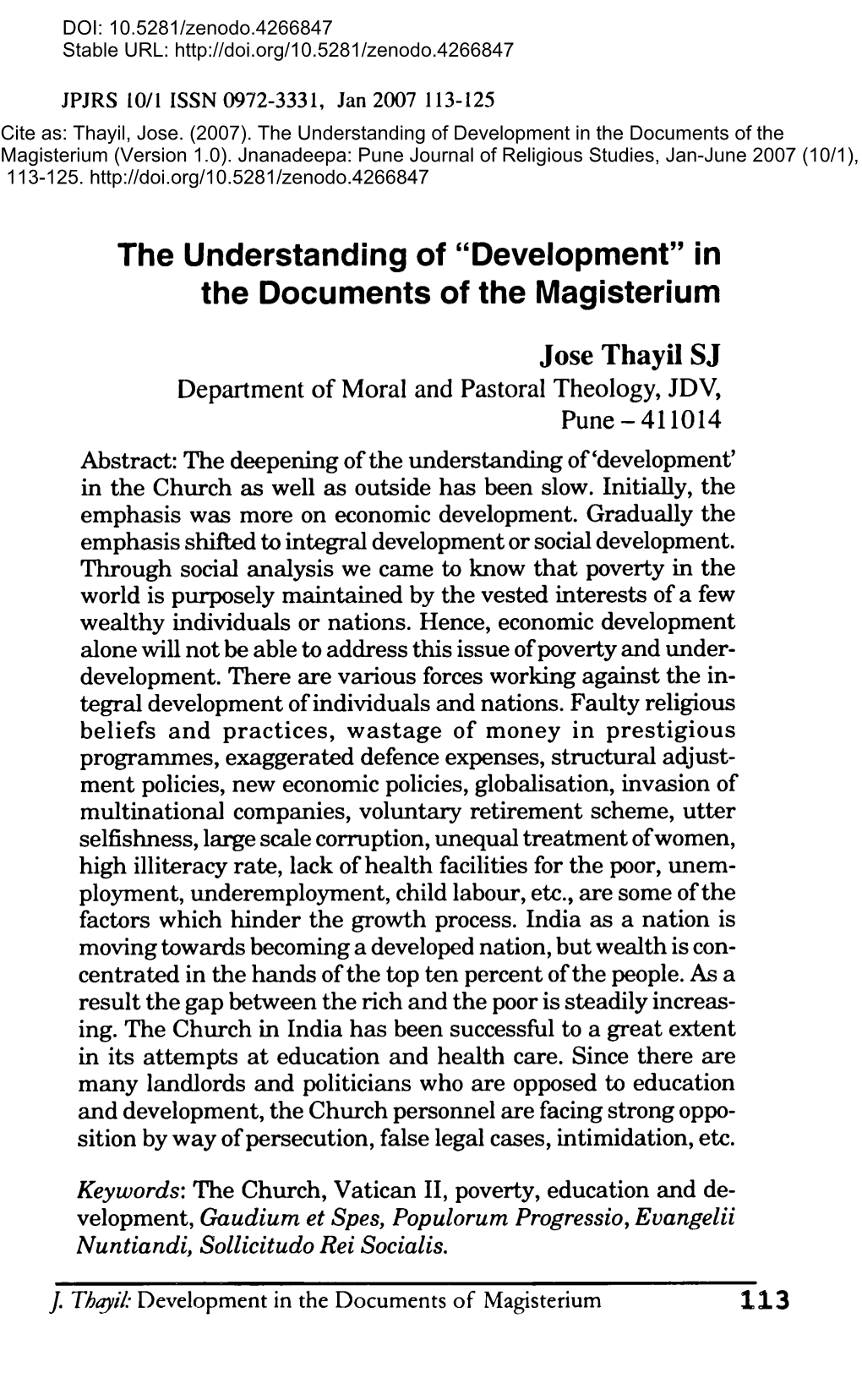 The Understanding of “Development” in the Documents of the Magisterium
