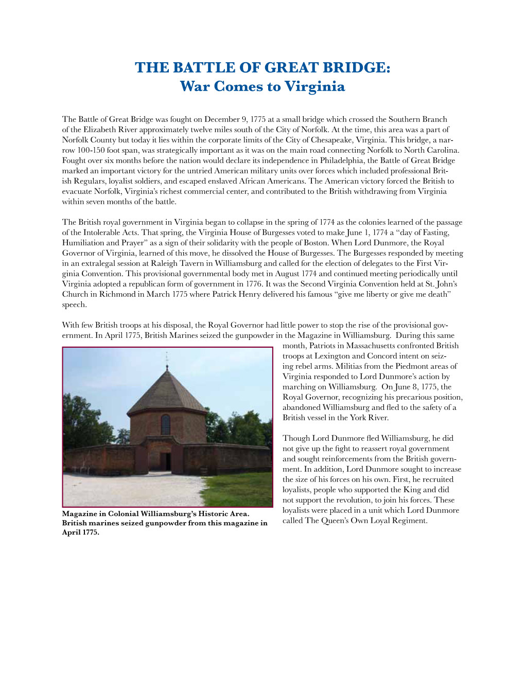 The Battle of Great Bridge: War Comes to Virginia