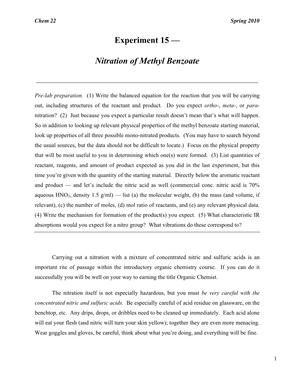 Experiment 15 — Nitration of Methyl Benzoate