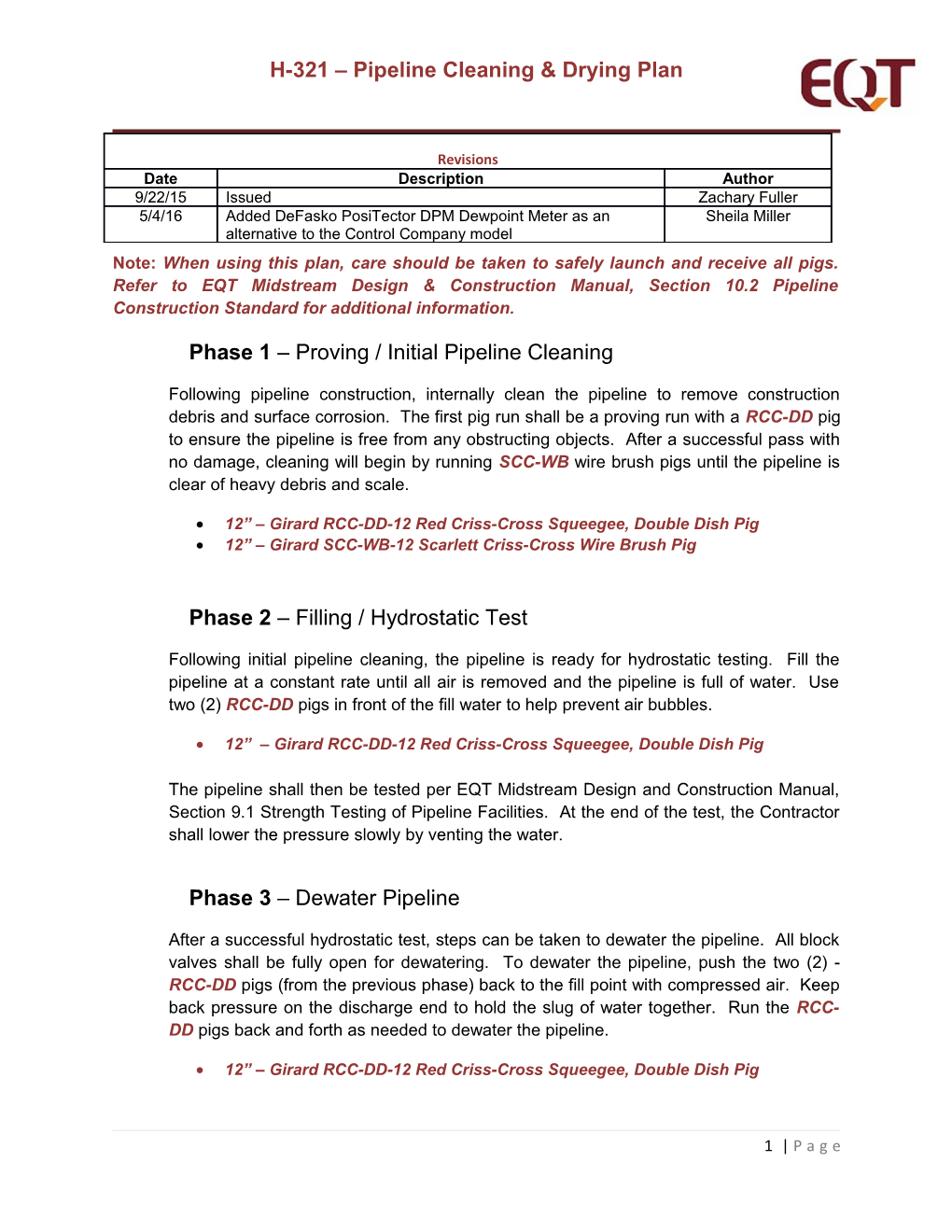 H-321 Pipeline Cleaning & Drying Plan