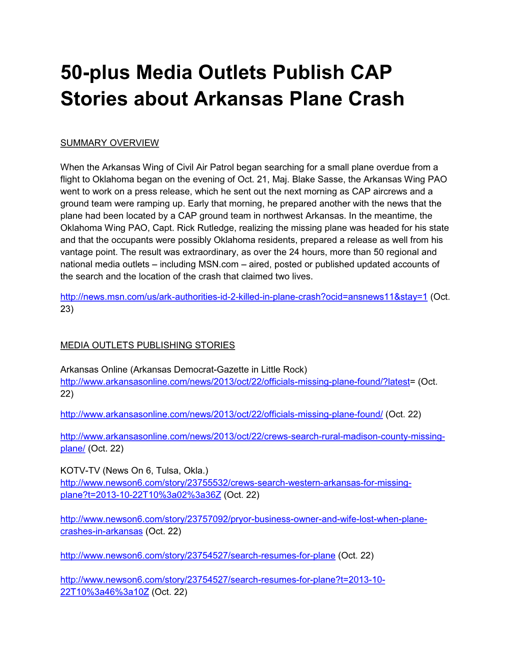 50-Plus Media Outlets Publish CAP Stories About Arkansas Plane Crash