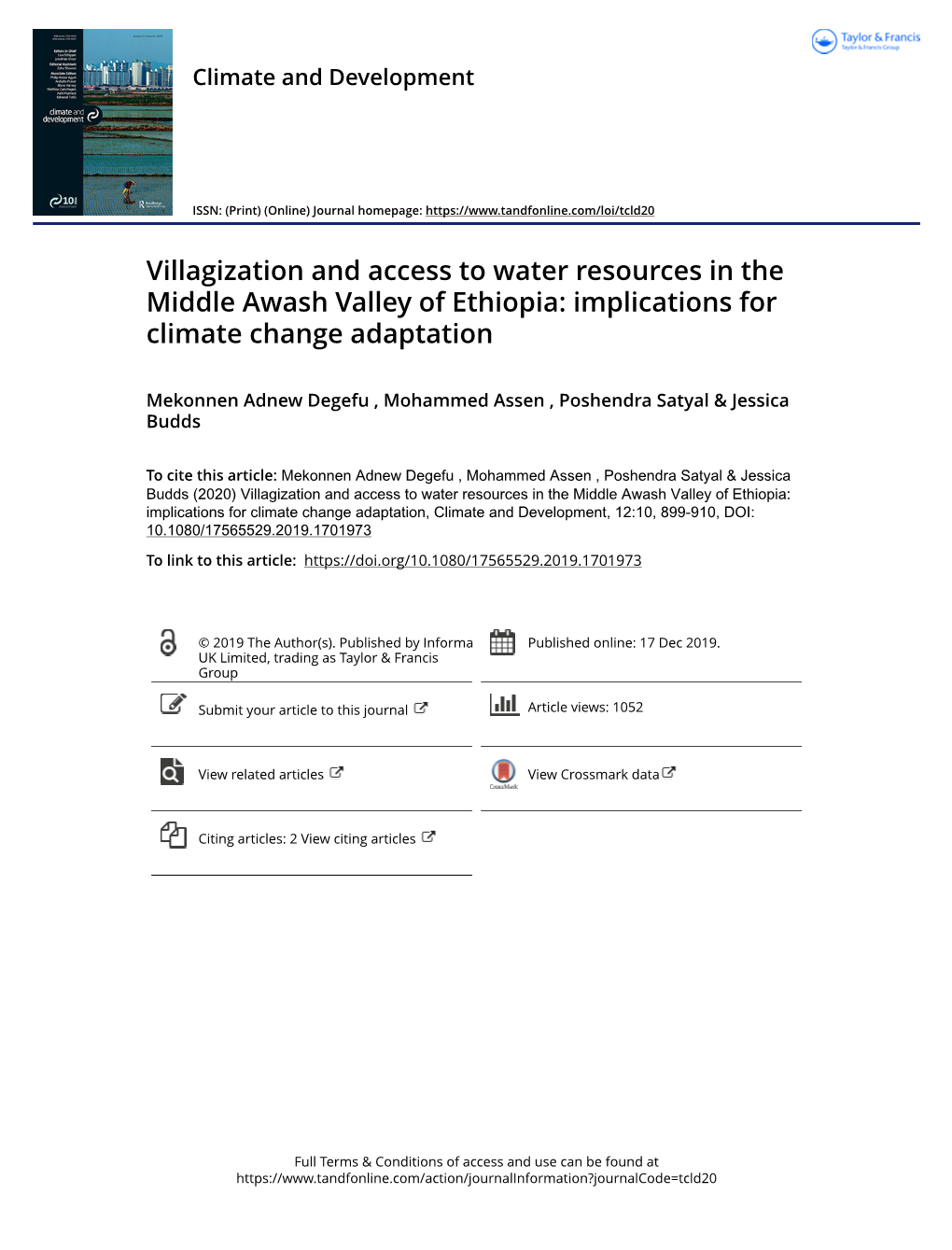 Villagization and Access to Water Resources in the Middle Awash Valley of Ethiopia: Implications for Climate Change Adaptation