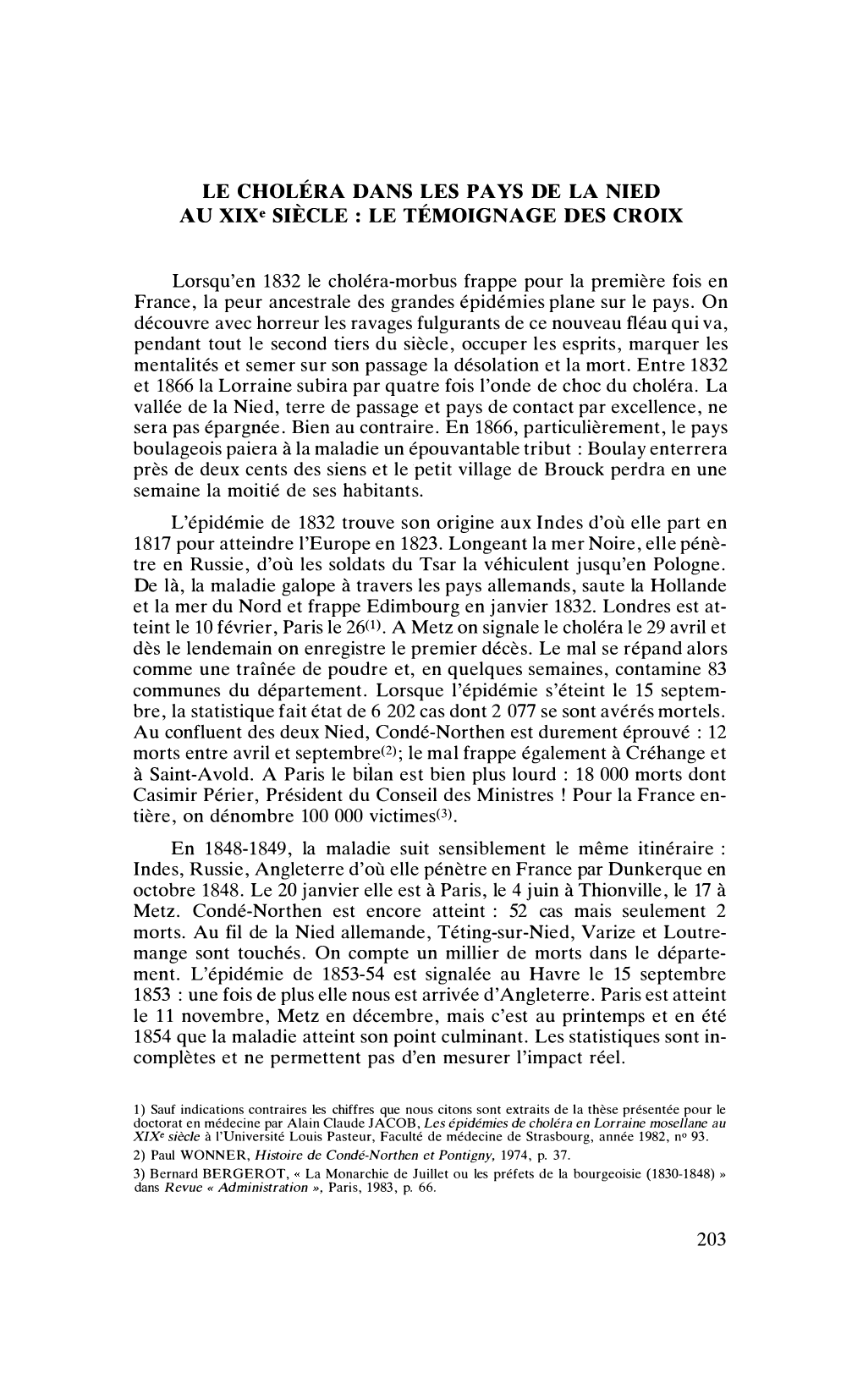 LE TÉMOIGNAGE DES CROIX Lorsqu'en 1832 Le Choléra-Morbus Frappe