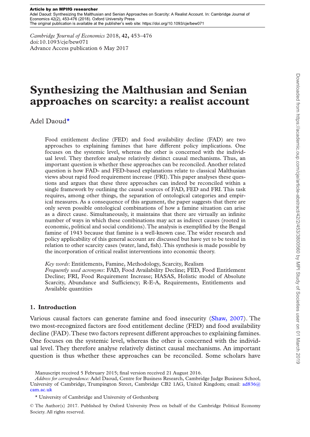 Synthesizing the Malthusian and Senian Approaches on Scarcity: a Realist Account