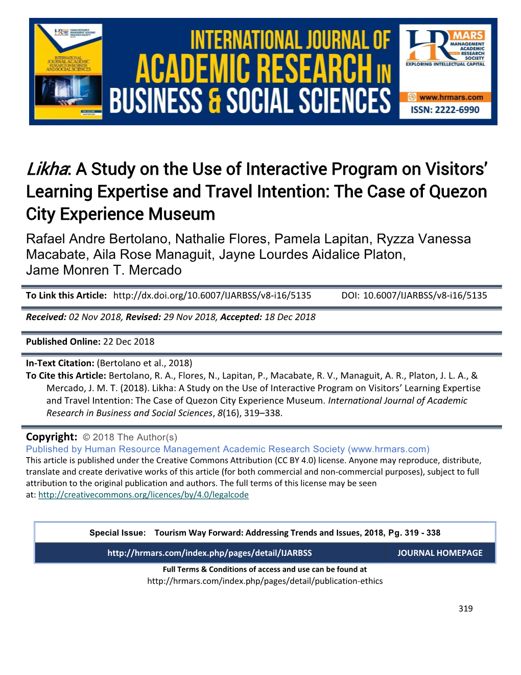 A Study on the Use of Interactive Program on Visitors’ Learning Expertise and Travel Intention: the Case of Quezon City Experience Museum