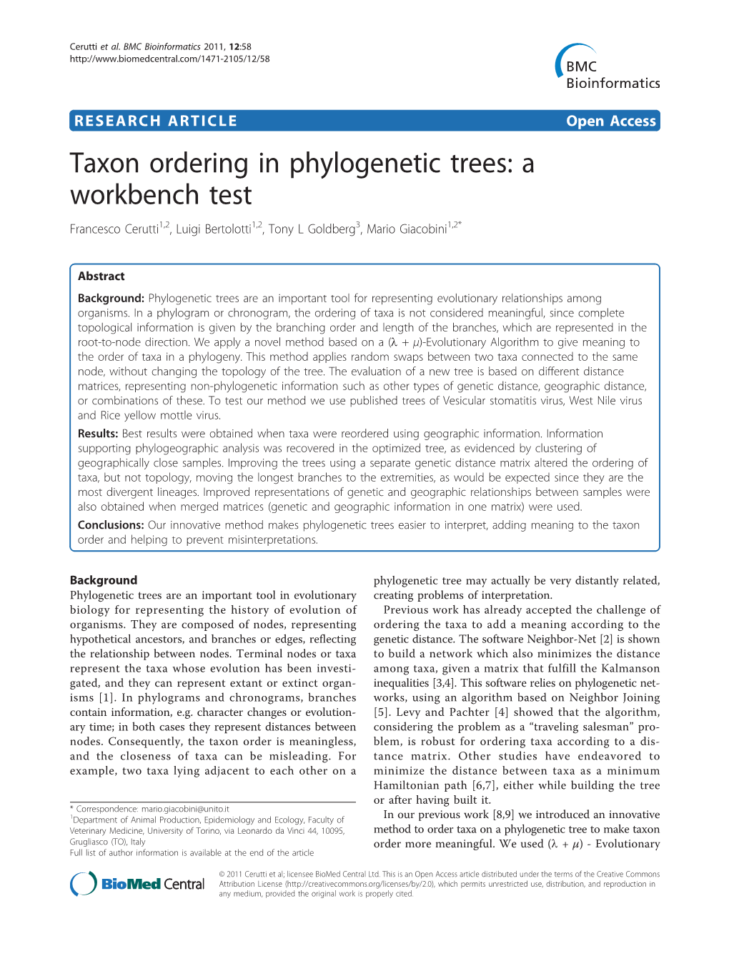 Taxon Ordering in Phylogenetic Trees: a Workbench Test Francesco Cerutti1,2, Luigi Bertolotti1,2, Tony L Goldberg3, Mario Giacobini1,2*