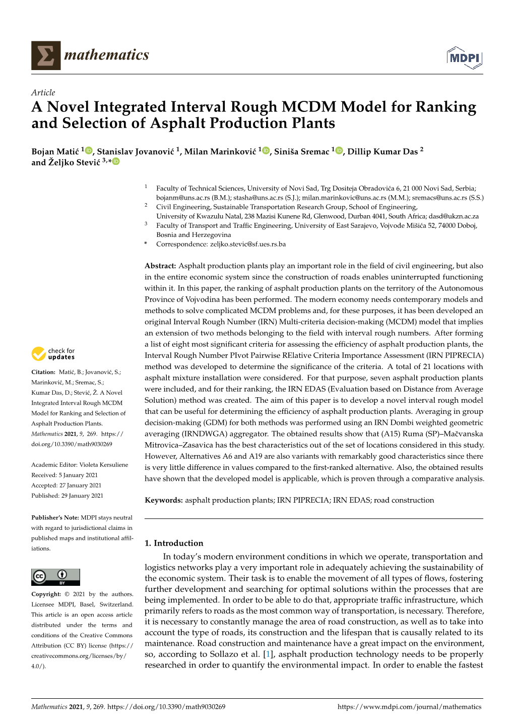 A Novel Integrated Interval Rough MCDM Model for Ranking and Selection of Asphalt Production Plants
