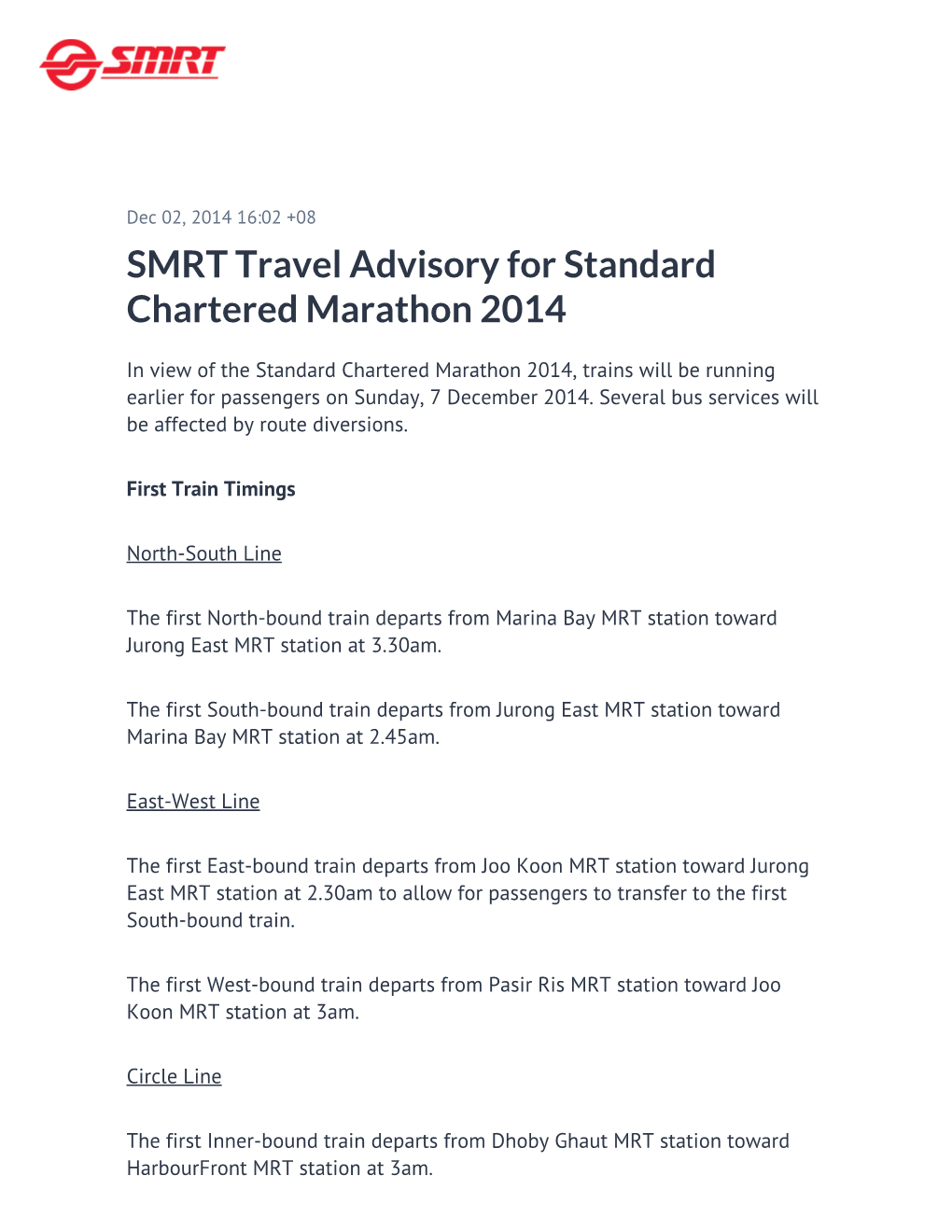 SMRT Travel Advisory for Standard Chartered Marathon 2014