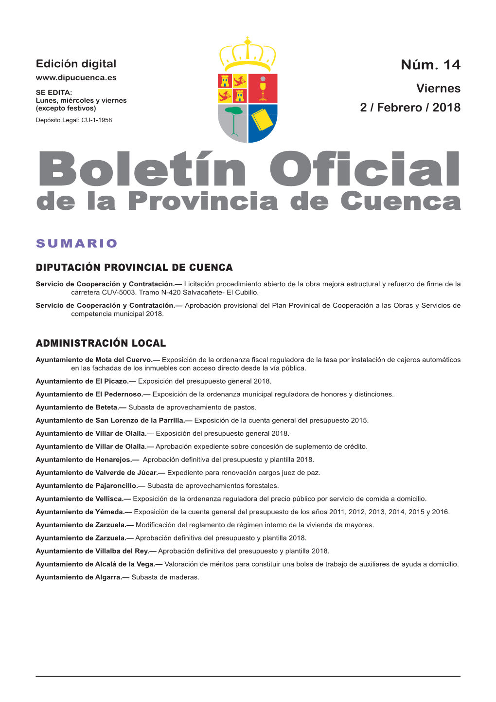 Boletín Oficial De La Provincia De Cuenca Sumario Diputación Provincial De Cuenca