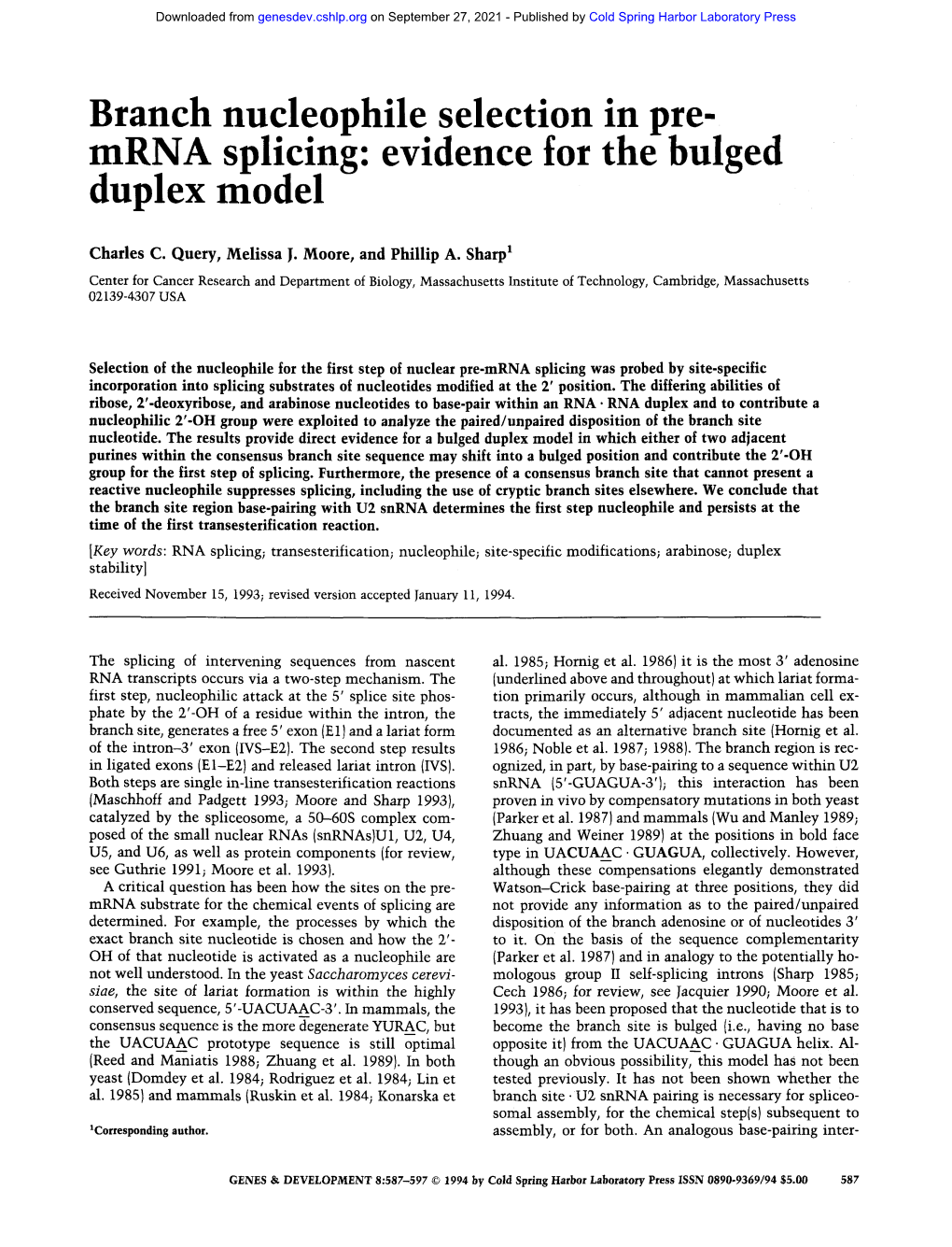 Mrna Splicing: Evidence for the Bulged Duplex Model