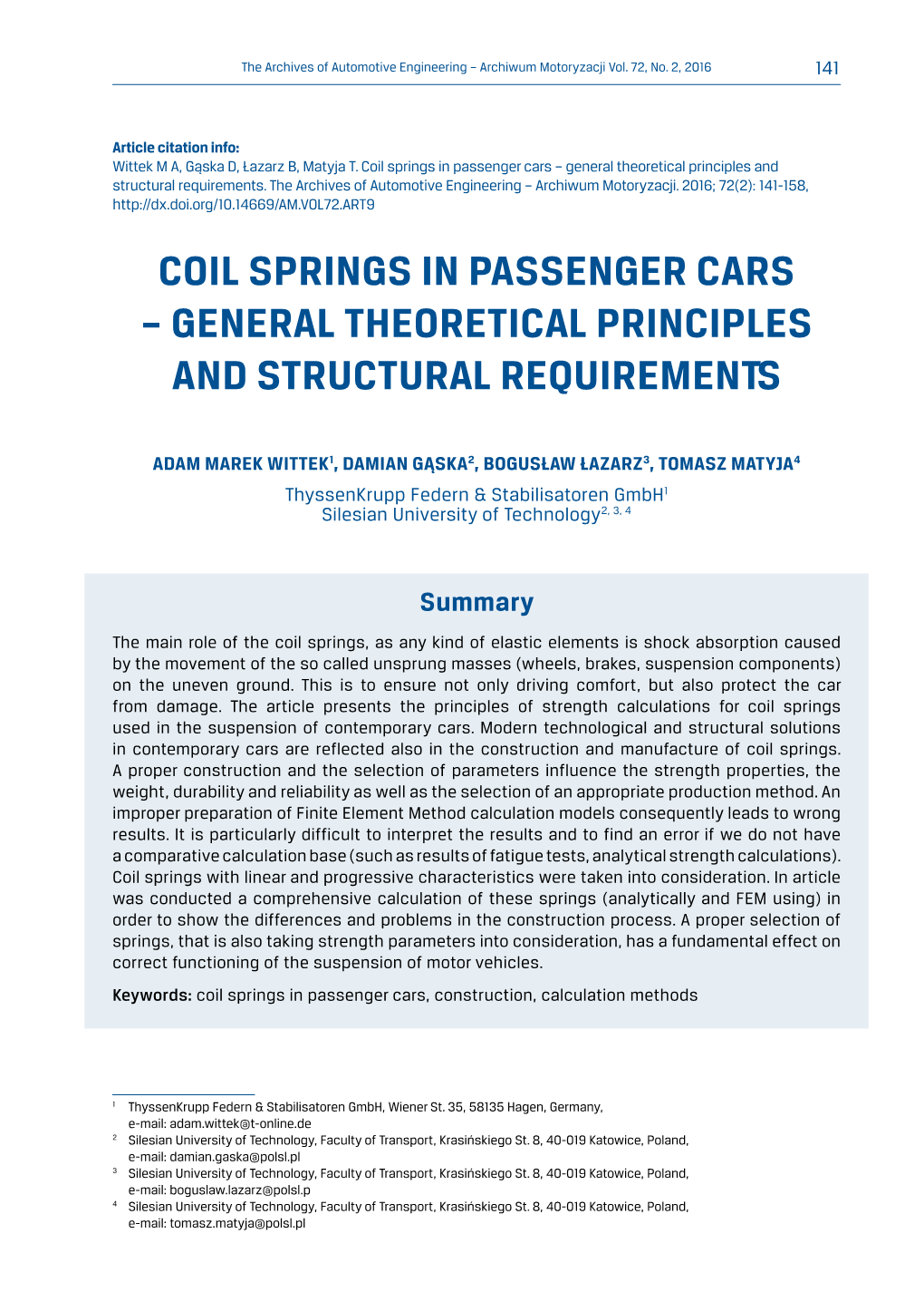 Coil Springs in Passenger Cars – General Theoretical Principles and Structural Requirements