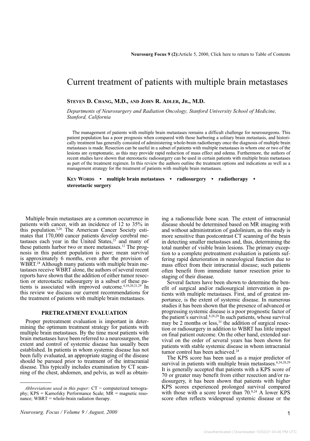 Current Treatment of Patients with Multiple Brain Metastases