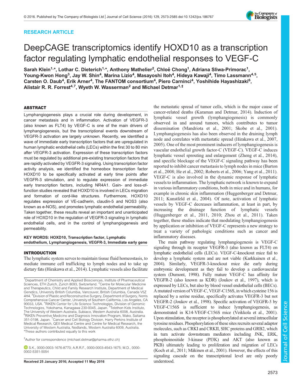 Deepcage Transcriptomics Identify HOXD10 As a Transcription Factor Regulating Lymphatic Endothelial Responses to VEGF-C Sarah Klein1,*, Lothar C