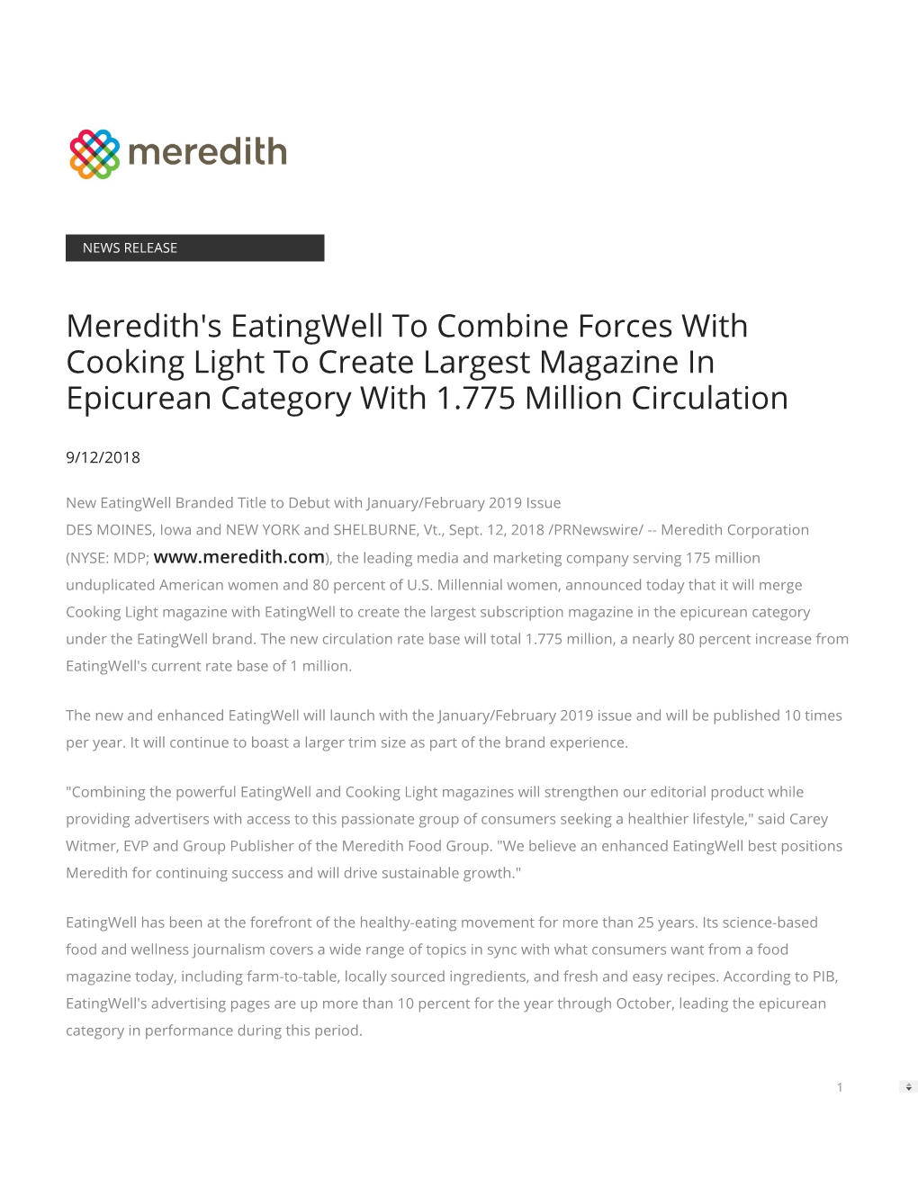 Meredith's Eatingwell to Combine Forces with Cooking Light to Create Largest Magazine in Epicurean Category with 1.775 Million Circulation