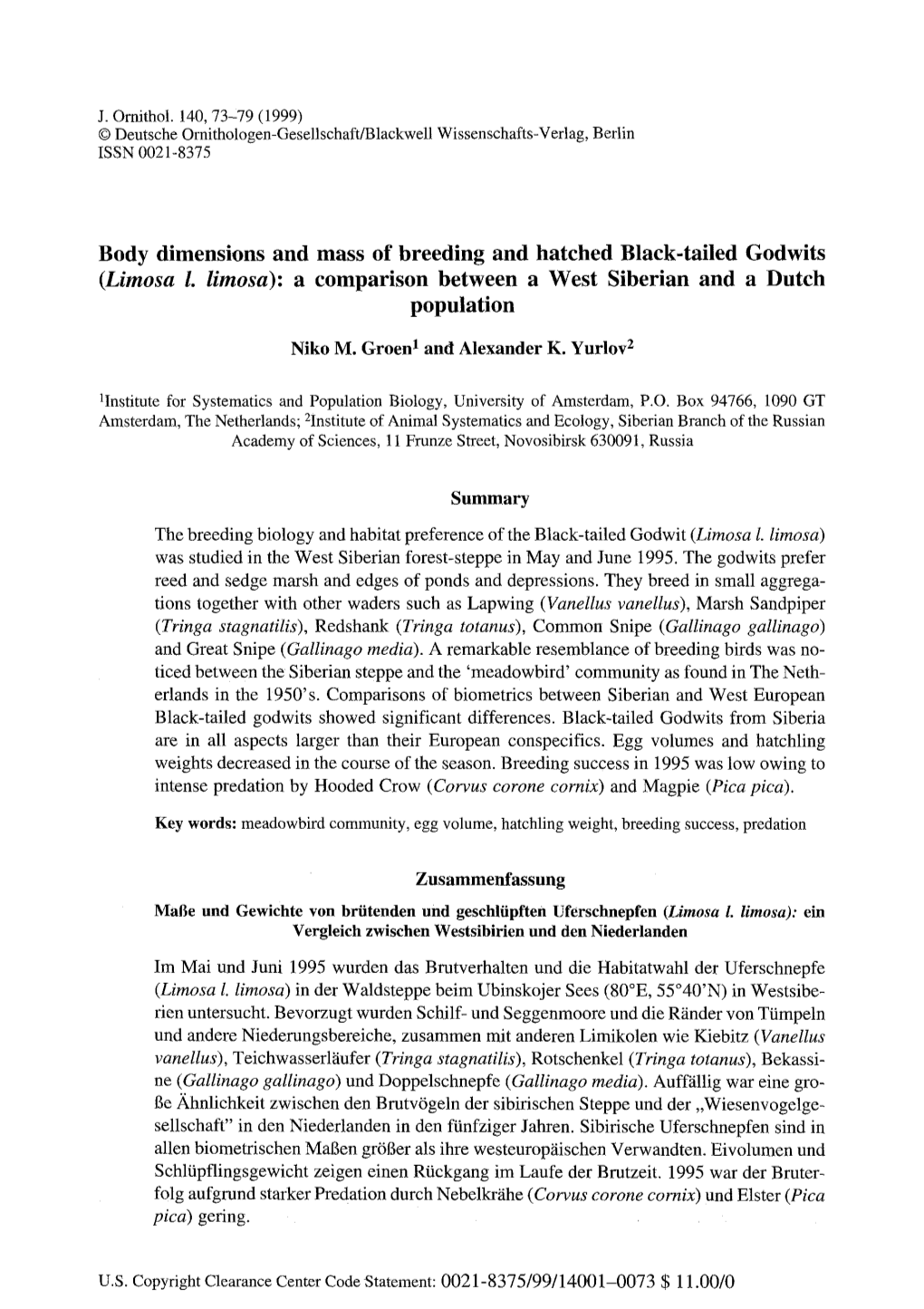 Body Dimensions and Mass of Breeding and Hatched Black-Tailed Godwits (Limosa 1