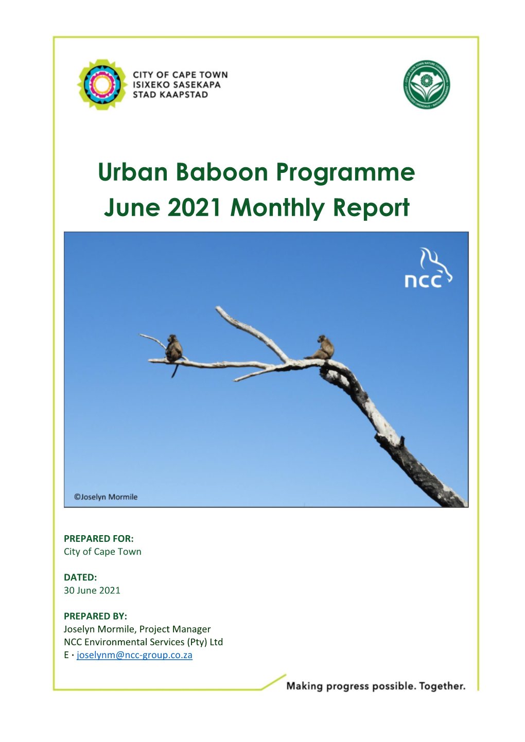 Urban Baboon Programme June 2021 Monthly Report