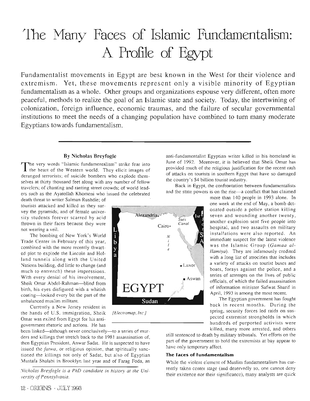 The Many Faces of Islamic Fundamentalism: a Profile of Egypt