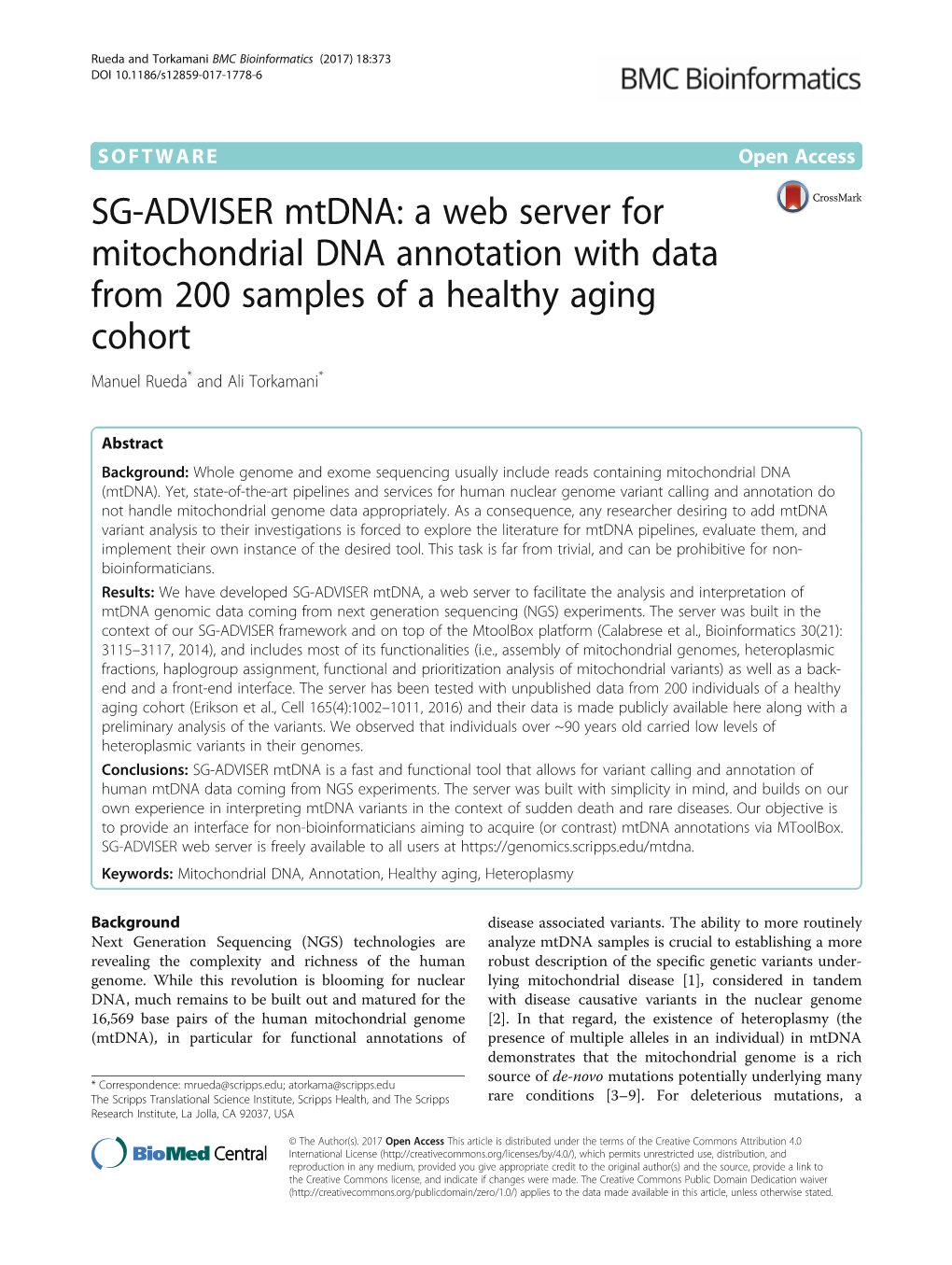 SG-ADVISER Mtdna: a Web Server for Mitochondrial DNA Annotation with Data from 200 Samples of a Healthy Aging Cohort Manuel Rueda* and Ali Torkamani*