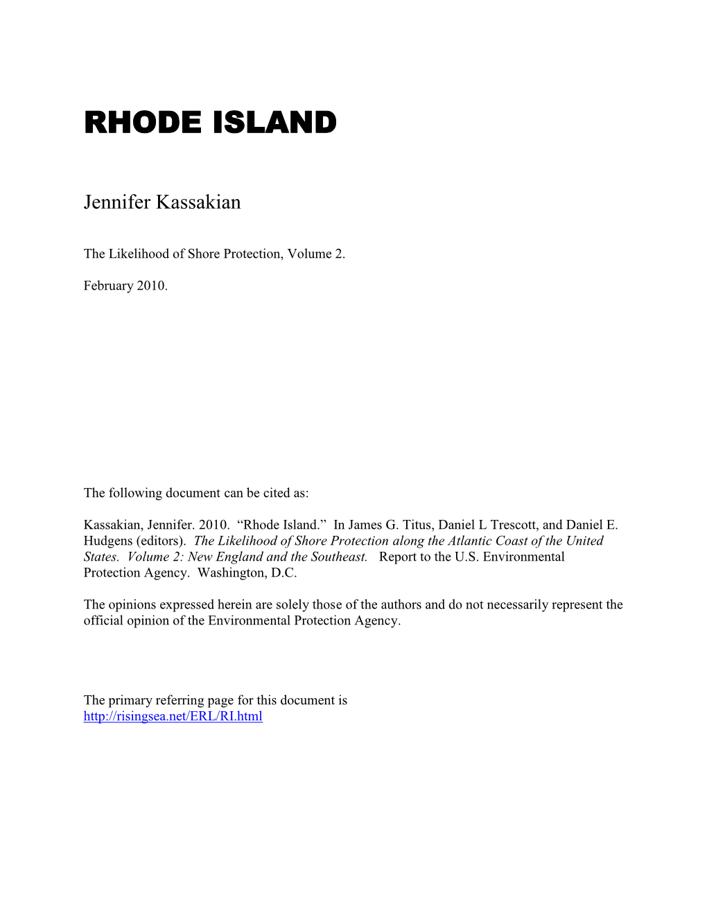 Rhode Island: the Likelihood of Shore Protection As Sea Level Rises