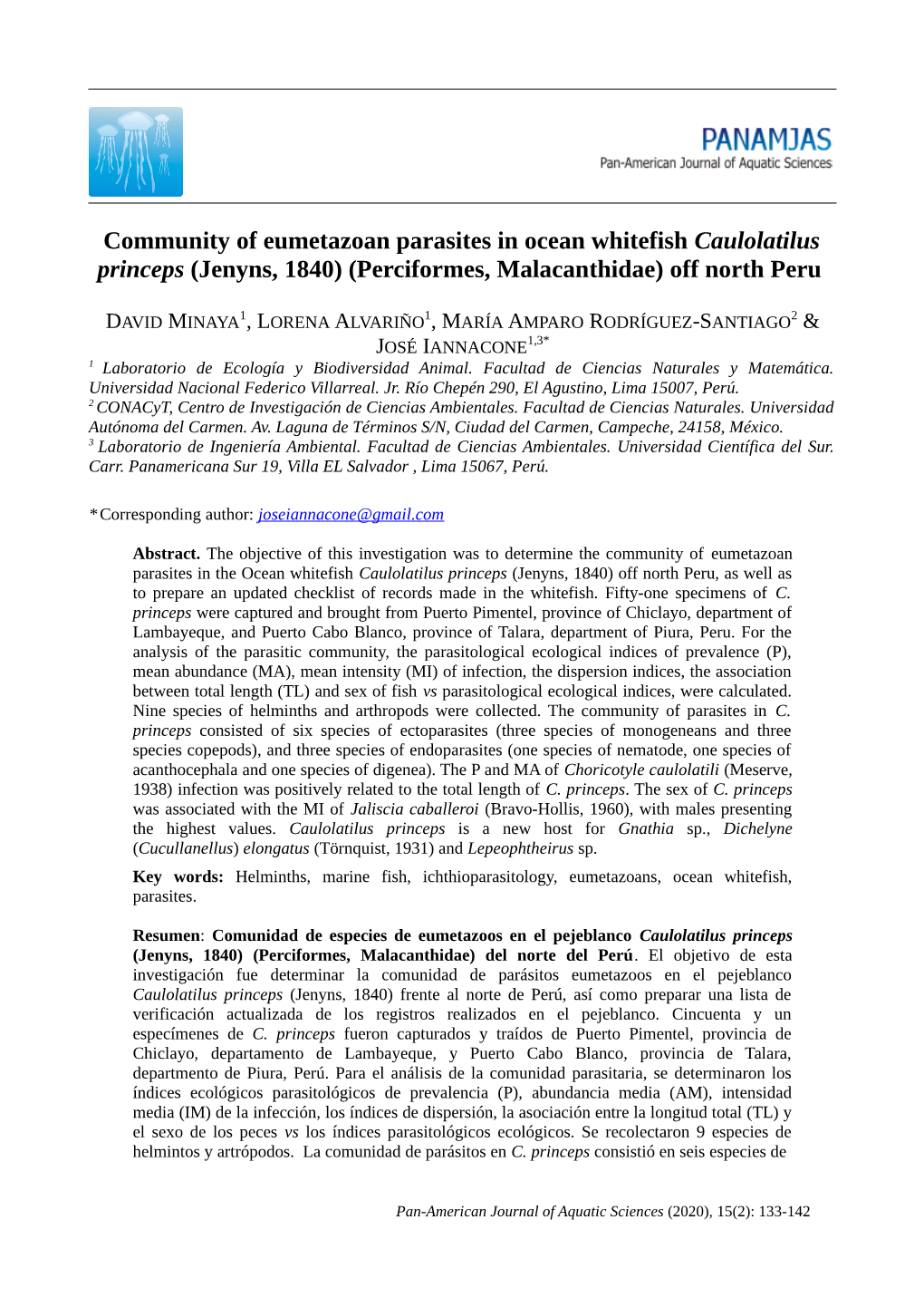 Community of Eumetazoan Parasites in Ocean Whitefish Caulolatilus Princeps (Jenyns, 1840) (Perciformes, Malacanthidae) Off North Peru