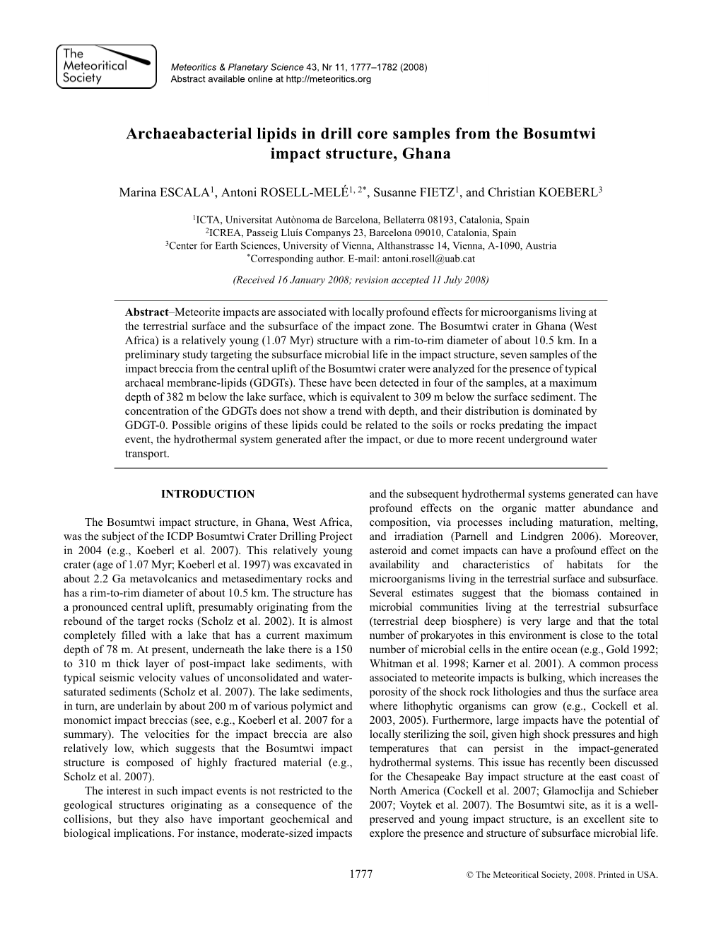 Archaeabacterial Lipids in Drill Core Samples from the Bosumtwi Impact Structure, Ghana