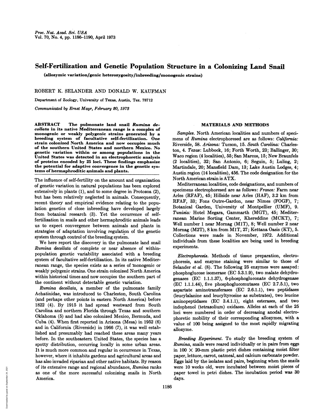 Self-Fertilization and Genetic Population Structure in a Colonizing Land Snail (Allozymic Variation/Genic Heterozygosity/Inbreeding/Monogenic Strains)