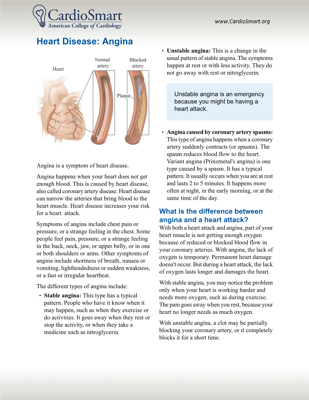 Heart Disease: Angina • Unstable Angina: This Is a Change in the Usual Pattern of Stable Angina