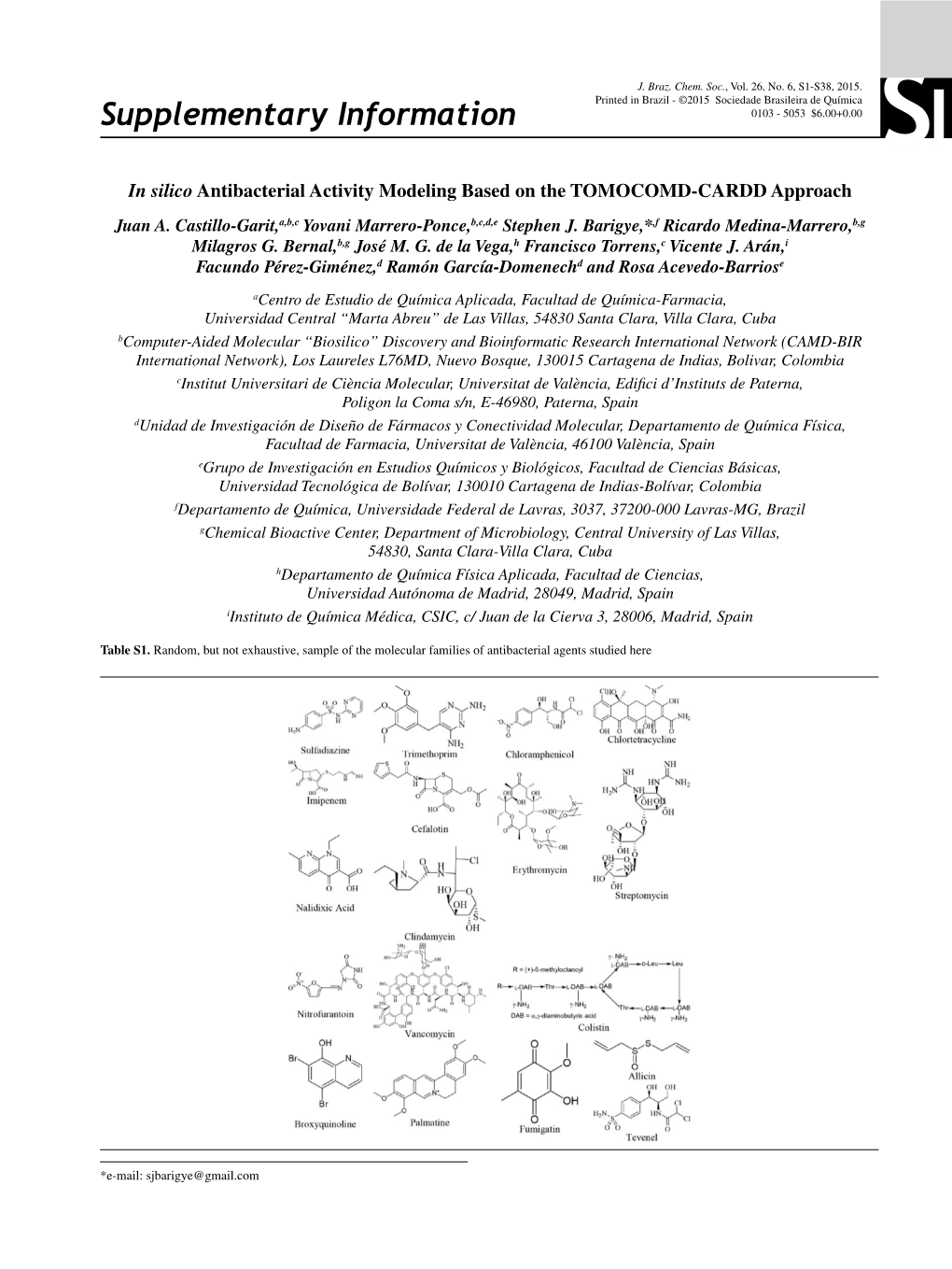 Supplementary Information 0103 - 5053 $6.00+0.00 SI in Silico Antibacterial Activity Modeling Based on the TOMOCOMD-CARDD Approach Juan A