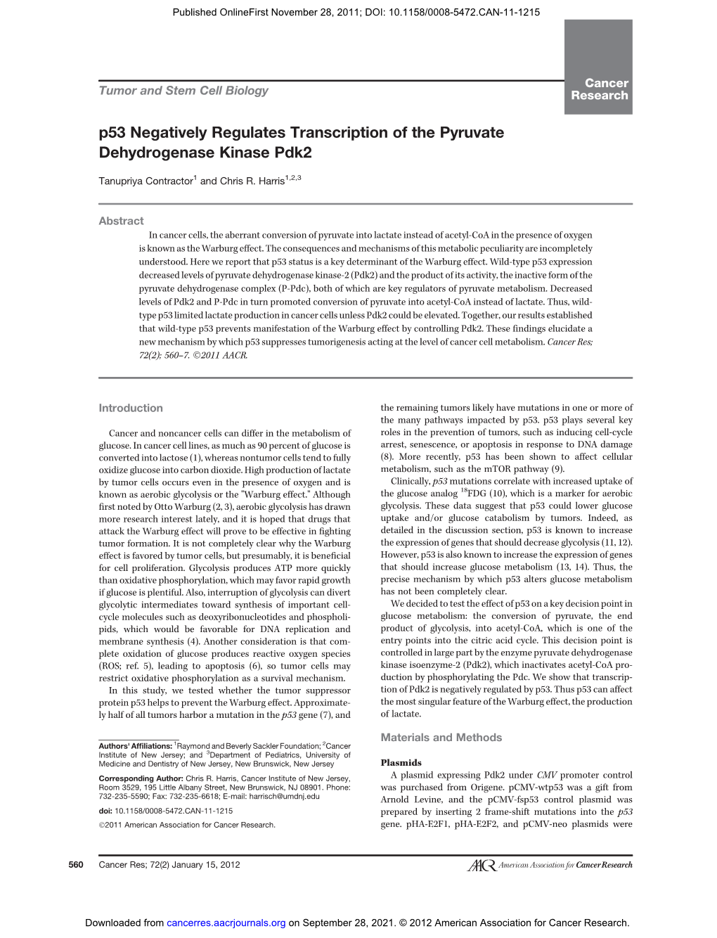 P53 Negatively Regulates Transcription of the Pyruvate Dehydrogenase Kinase Pdk2