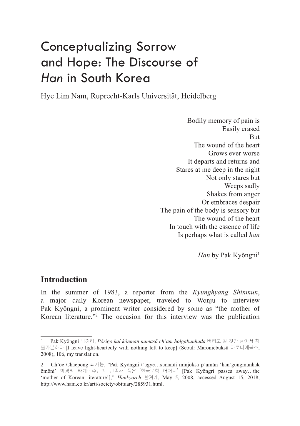 The Discourse of Han in South Korea Hye Lim Nam, Ruprecht-Karls Universität, Heidelberg