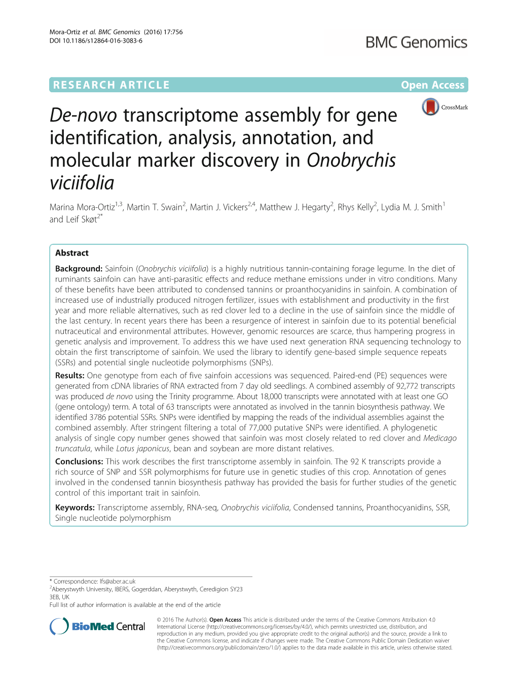 De-Novo Transcriptome Assembly for Gene Identification, Analysis, Annotation, and Molecular Marker Discovery in Onobrychis Viciifolia