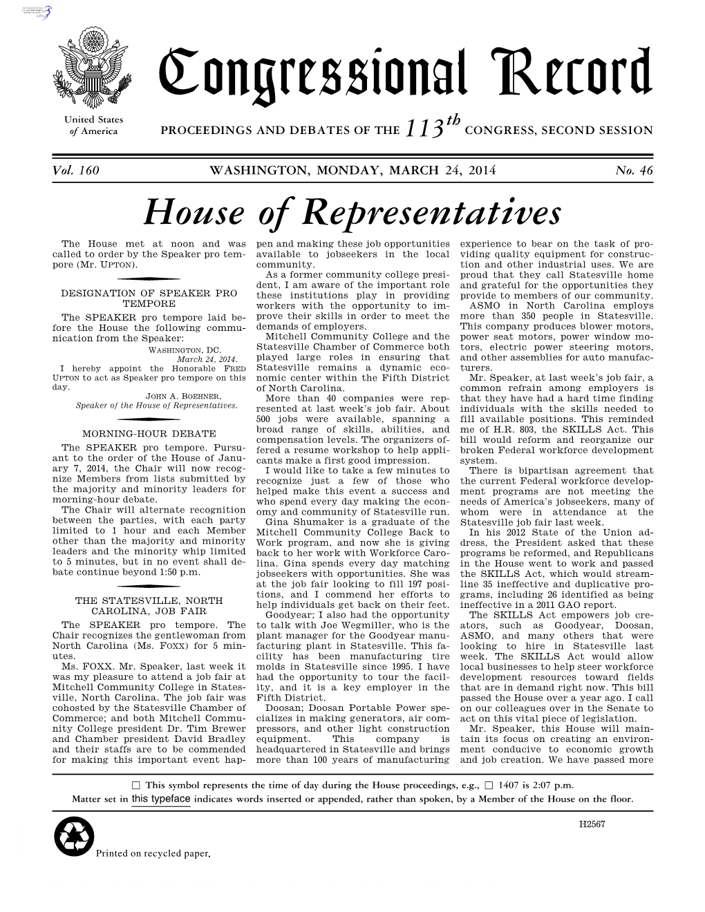 Congressional Record United States Th of America PROCEEDINGS and DEBATES of the 113 CONGRESS, SECOND SESSION