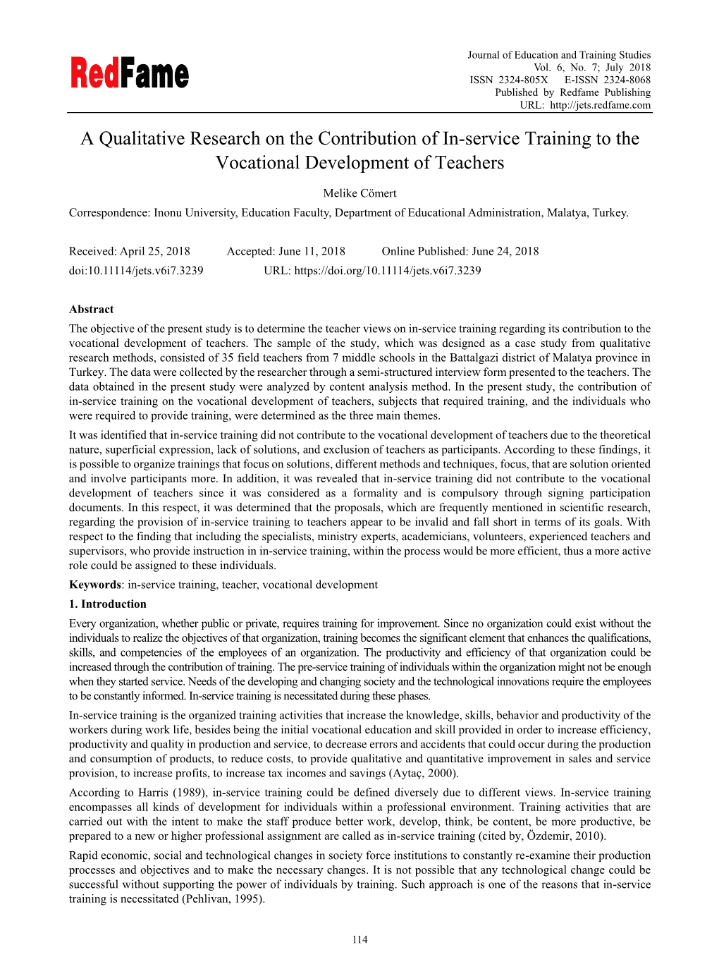 A Qualitative Research on the Contribution of In-Service Training to the Vocational Development of Teachers