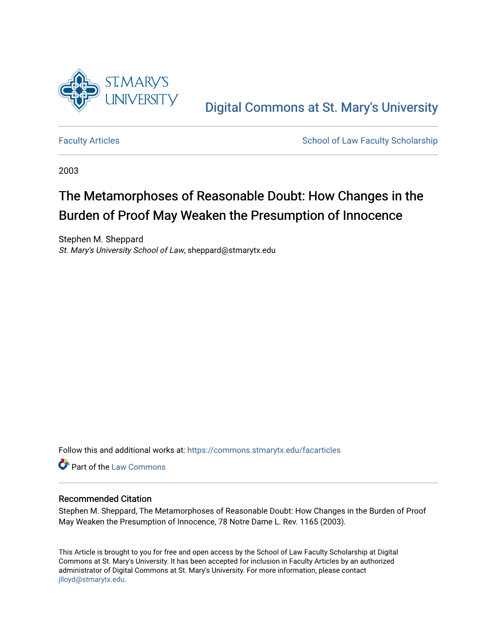 The Metamorphoses of Reasonable Doubt: How Changes in the Burden of Proof May Weaken the Presumption of Innocence