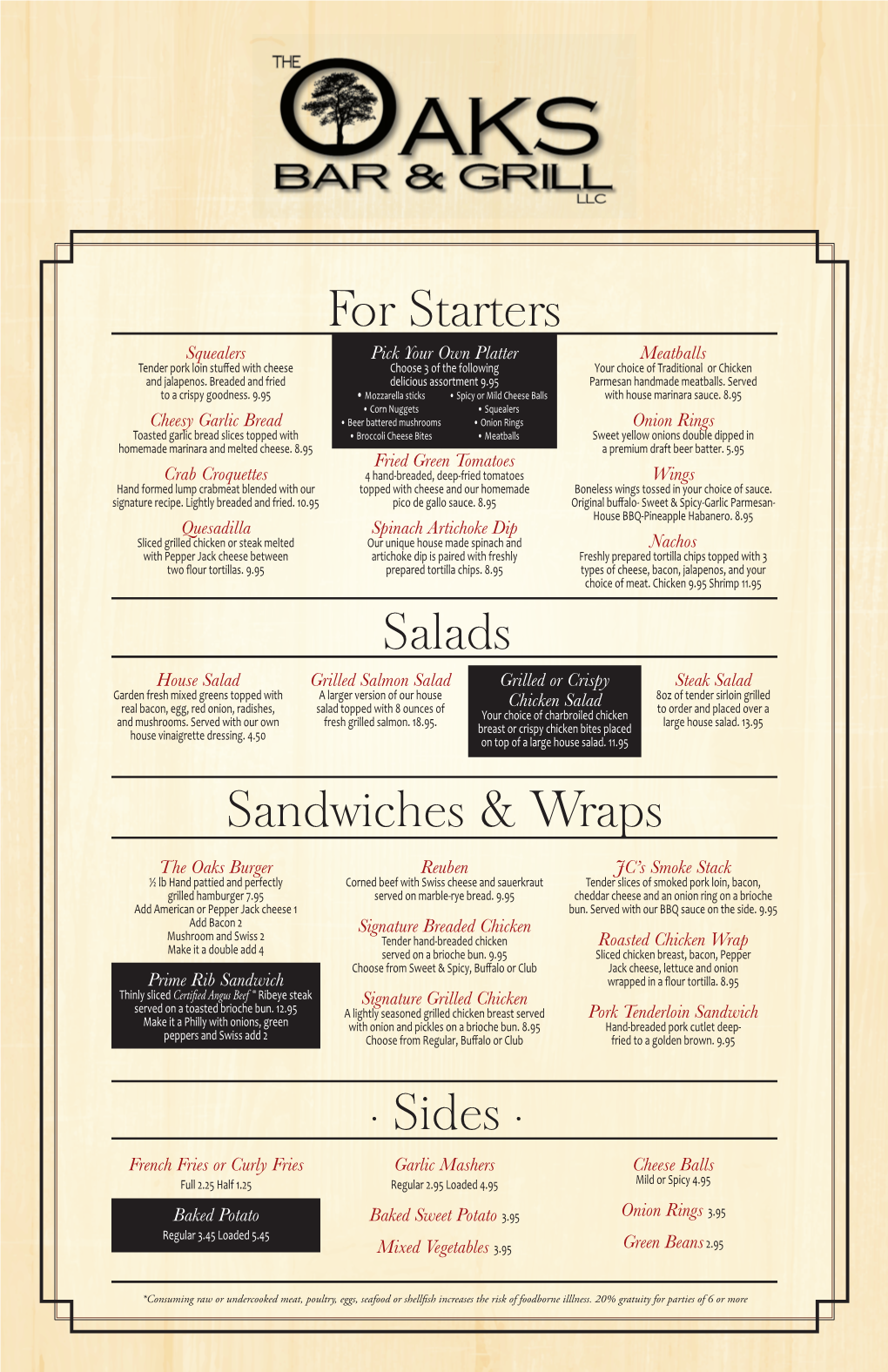· Sides · Sandwiches & Wraps for Starters Salads