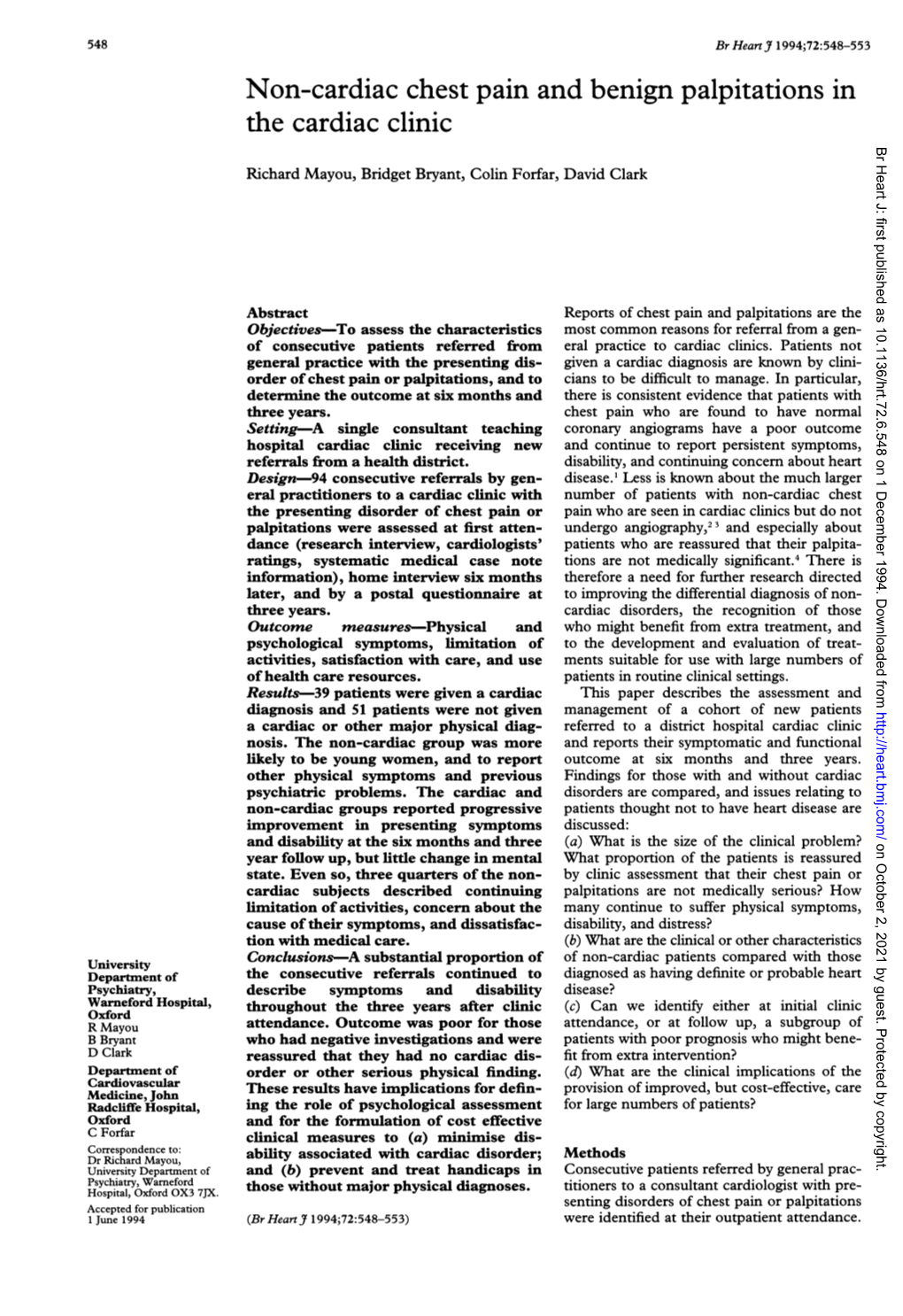 Non-Cardiac Chest Pain and Benign Palpitations in the Cardiac Clinic Br Heart J: First Published As 10.1136/Hrt.72.6.548 on 1 December 1994