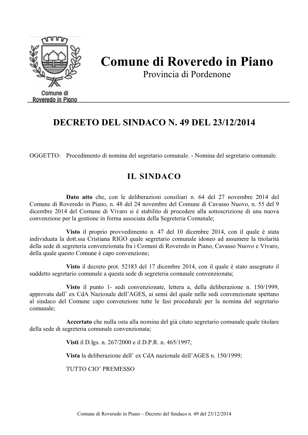 Decreto Sindacale 2015